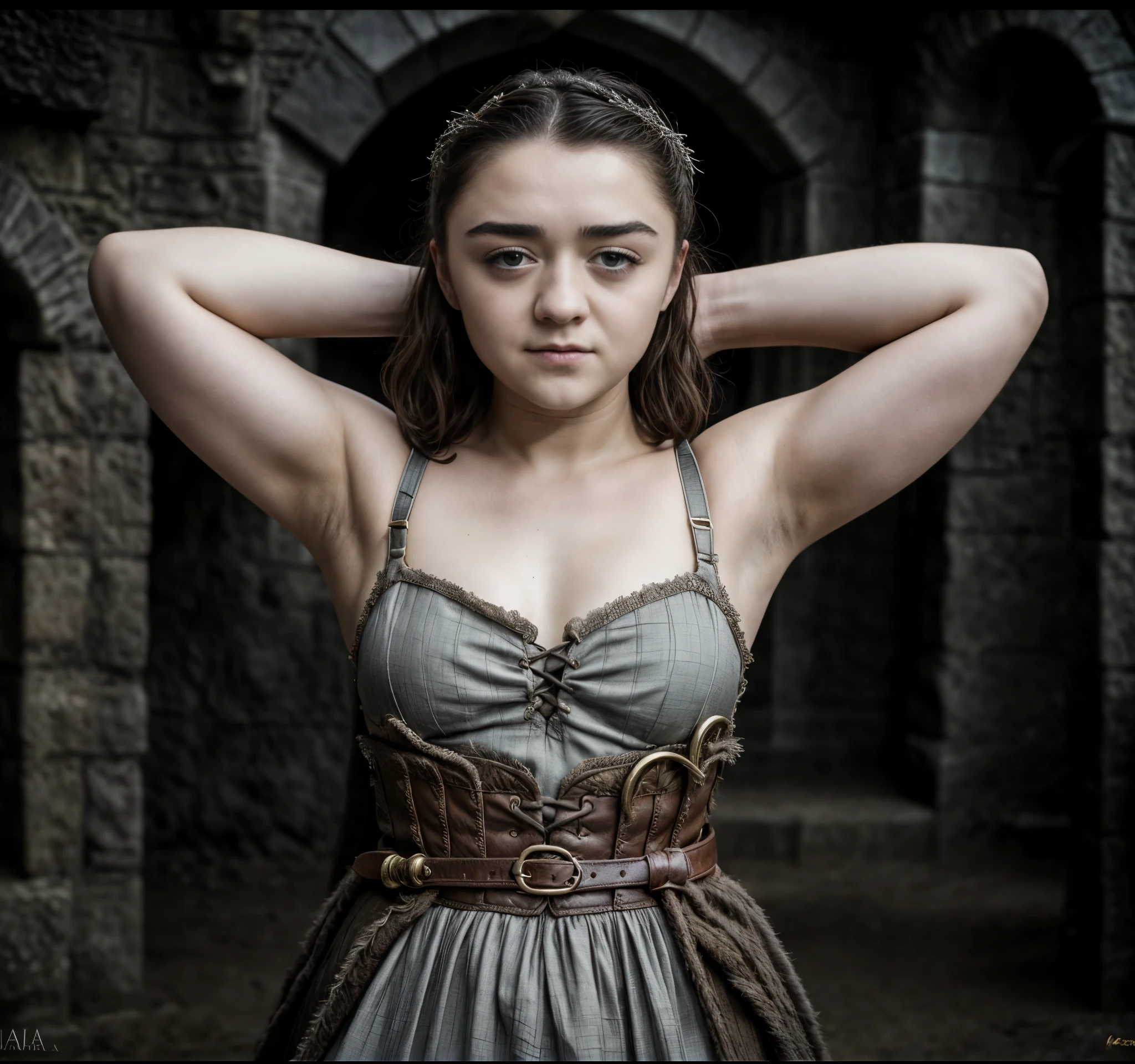 Foto RAW, RAW photograph of Maisie Williams, Arya Stark, Extremely gorgeous lady, Arya Stark PLAYED BY MAISIE WILLIAMS, Queen Arya Stark, she  a mature woman now, milf, sexy mediaeval battle dress, gladiator woman, body, 40 years old Woman,styled hair, fantasy movie character, body revealing costumes, perky breast, skin pores, big natural breast, erotic costumes, lusty physique, seductive figure can capture every people's attention, Game of thrones costumes, revealing captivating figure, Mediaeval costumes, revealing clothes, A tomboy, she would rather fence than dance, warrior queen , game of thrones screen caps, Game of Thrones Series, (pele altamente detalhada: 1.2), 8k UHD, DSLR, soft-lighting, alta qualidade, grain of film, Fujifilm XT3, flawless picture, highly detailed, detailed Beauty, intricate, 32k, sharp picture,