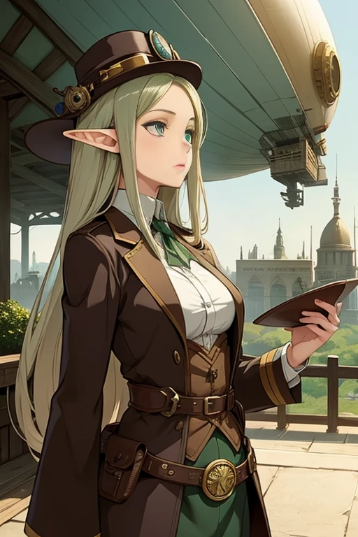 Sophisticated elf woman, hat, steampunk suit, airship, muted colors, sephia filter,