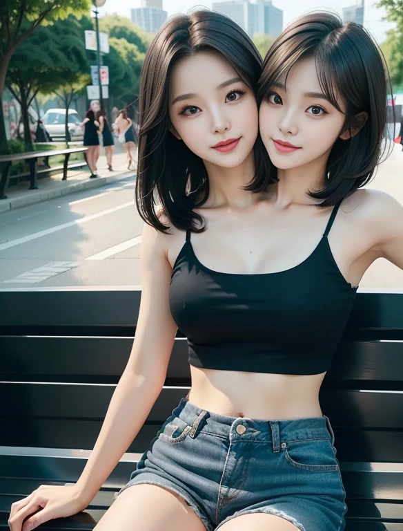 (8k、RAW Photography、top-quality、(two heads:1.2), conjoined_dicephalus, ​masterpiece:1.2), (reallistic, photorealistic:1.4)、(1 girl)、Happy smile、a beauty girl、thin clavicle、((Face like a kpop idol))、midriff, shoulderless crop top, shorts、22 year old、delicate and beautiful face、(A dark-haired、short-hair:1.3)、top-quality、big eye、ripple, park background, sitting on a bench、nighttime