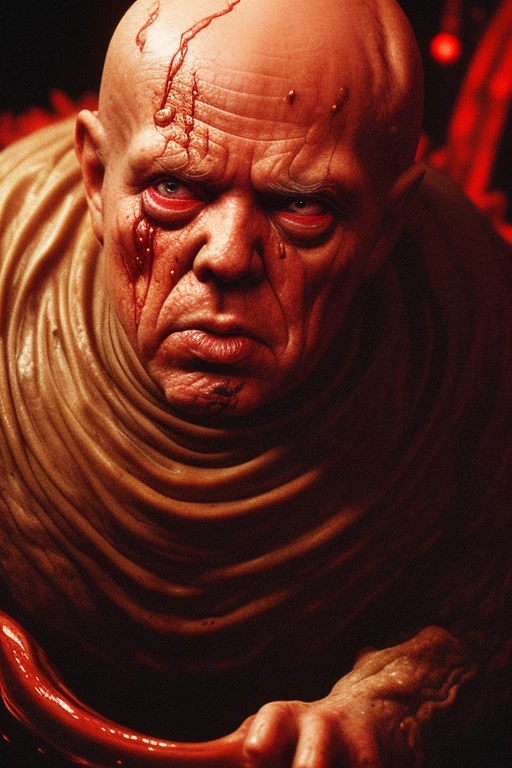 Donald Trump as a giant fetus-like blob kaiju, roaring, rampaging through Miami street at night, action scene from Toho kaiju movie, practical effects, extremely realistic, extremely detailed, extreme detail, 4k, 8k, highest quality, complex, elaborate, ultra high definition, masterpiece, epic, award-winning, blockbuster film, body horror, menacing, grotesque, diseased flesh, tumors, bald, crying, pulsating veins, lesions, squinted eyes, suitmation, crawling on all fours, award-winning practical effects, drooling, jaundiced eyes