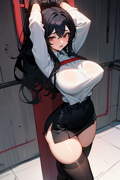 Italian girl, long black hair, 25 years old, hyper super gigantic and mammoth breasts, thin, has wet breasts, wears a torn tight t-shirt that does not contain the breasts and a black pleated miniskirt, she is tied with ropes to a wall with some iron rings, arms are tense because of the ropes. each breast has ropes that bind, she has a lab coat she has a laboratory scenario with an orgy expressio