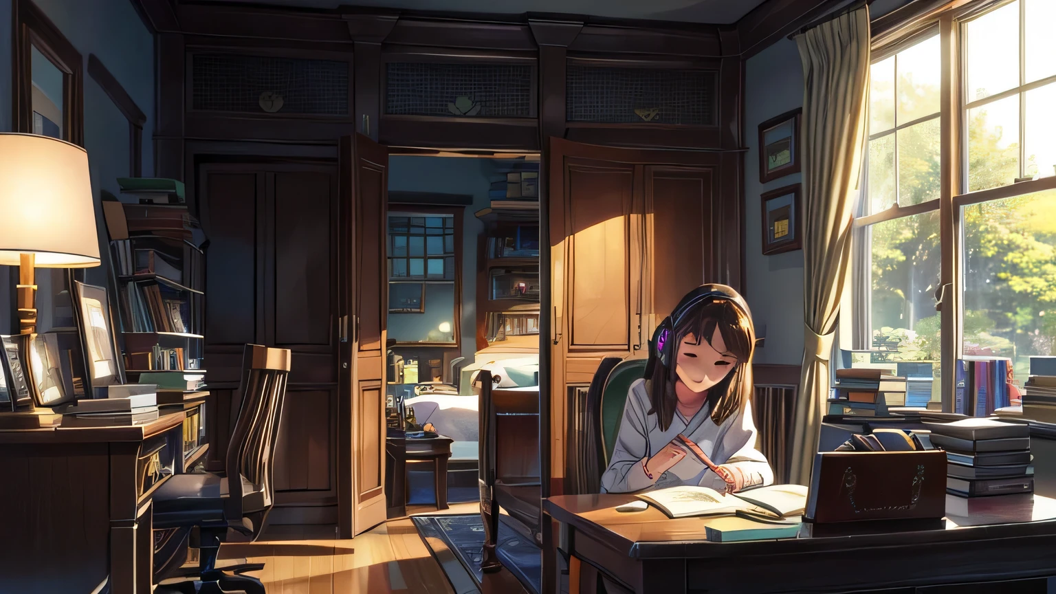 In the serene stillness of her room, illuminated softly by the glow of her desk lamp, Emily was deeply engrossed in her studies. The night was draped in a gentle rain, its rhythmic patter against the window adding a comforting background melody to her evening.
Seated at her desk, surrounded by a collection of textbooks and notebooks, Emily's focus was unwavering. The pages of her books seemed to come alive under the warm light as she delved into the world of knowledge they offered.
In one corner of her room, her loyal companion, a fluffy cat named Luna, curled up in a cozy ball, occasionally opening her eyes to glance at Emily before drifting back to sleep. Luna's presence added a sense of calm and companionship to the room.
Despite the late hour, Emily was energized, thanks in part to the captivating music playing through her headphones. The melodic tunes filled her mind, enhancing her concentration and turning the studying session into a peaceful retreat.
On the other side of the room, a shelf filled with a variety of books stood proudly, while a gaming console sat patiently, waiting for a moment of leisure. Emily's room was a reflection of her diverse interests and passions, each element adding to the unique charm of her study sanctuary.