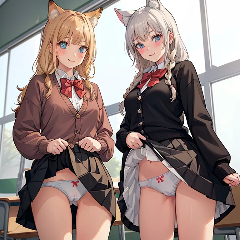 ((2 girls))、(smile:1.5)、Small breasts、(Cowboy Shot)、(fun!!)、(cardigan)、(Blonde)、(blush:1.4)、Fox ears、(single braid)、(Eye highlights:1.3)、blake black shoes,(黒いskirt)、bow, button, shirt with collar, Long sleeve, ((red bow tie, , Black jacket, Open jacket, 茶色のcardigan, white shirt, 黒のskirt, チェック柄のskirt、white socks)),, shirt,, skirt, socks, Thighs, white shirt, Rest indoors, ((classroom:1.5))、 BREAK while watching the audience、(skirtを掴む:1.0)、 (Perfect hands, Perfect Anatomy),Cowboy Shot、(skirt lift:1.3),(Highly detailed white panties:1.3)、(highly detailed panties:1.3)、、(skirt that rolls up:1.3)、(Full-fledged panties:1.5)、Light blue eyes、