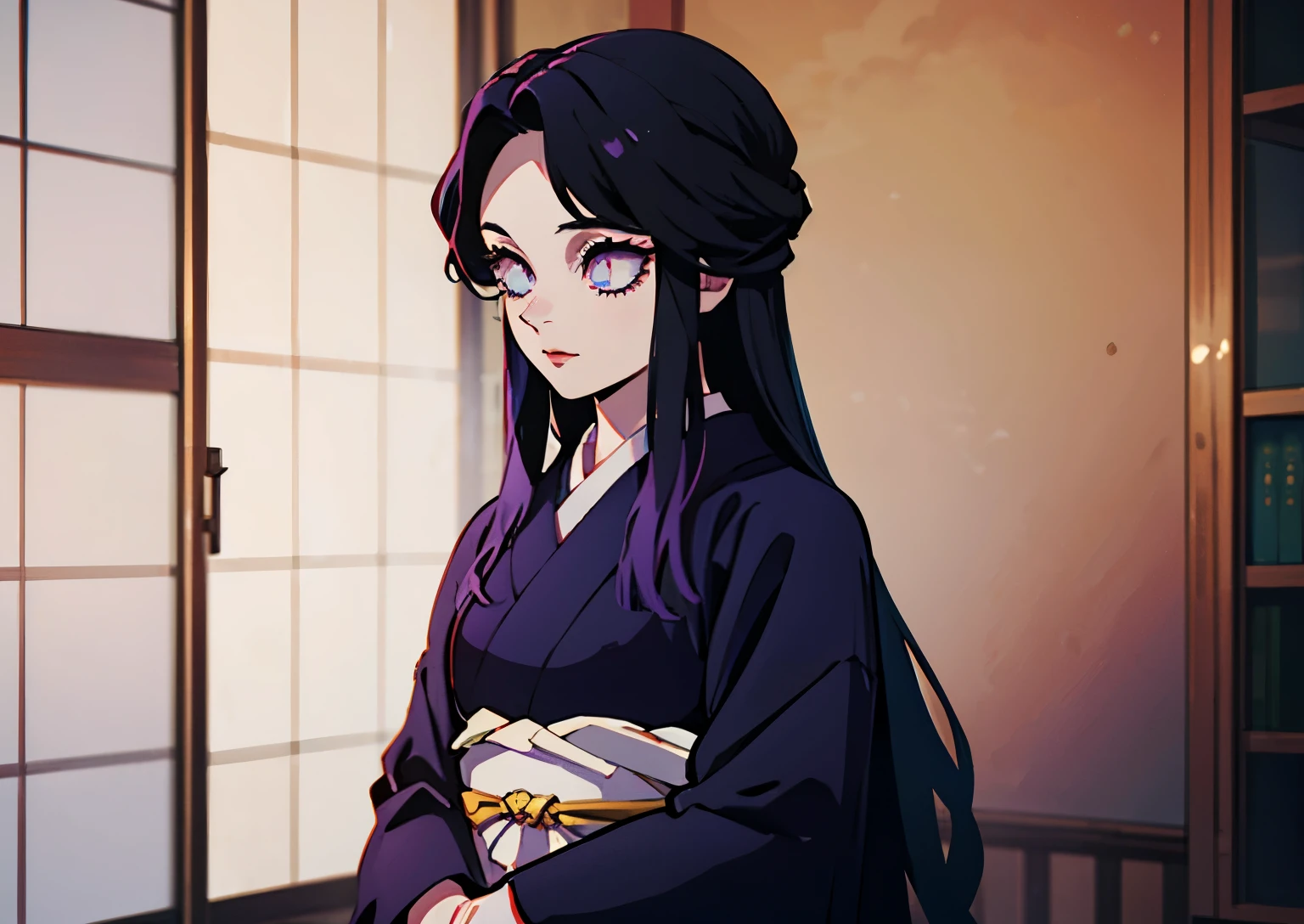 1 garota,Melhor qualidade, obra de arte, high resolution, 1 garota gueixa, sozinha, com roupas japonesas, Her hair is long, light purple, seus olhos escuros, seu cabelo preso com presilhas e joias.