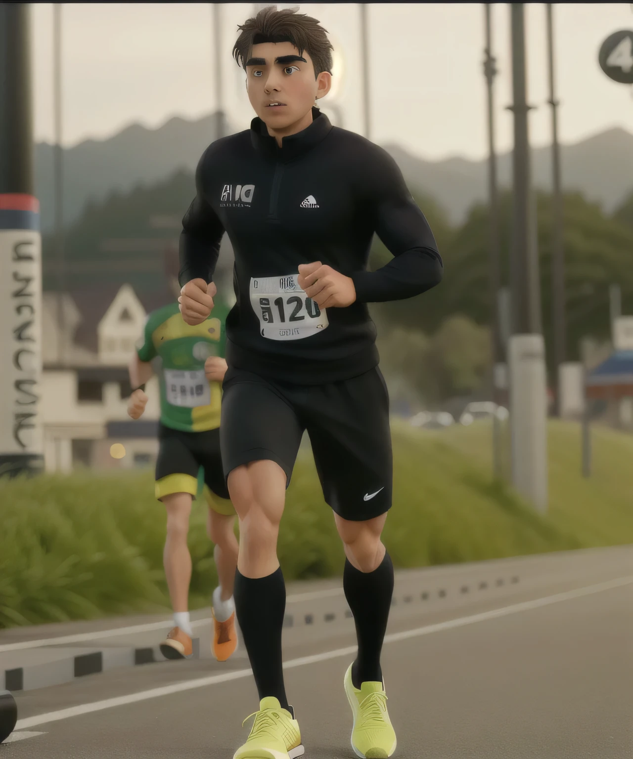 (best quality,4k,8k,highres,masterpiece:1.2),ultra-detailed,(realistic,photorealistic,photo-realistic:1.37),man running,energetic and determined,athletic build,fit and muscular,fast and agile, outdoor scene,lush greenery,tall trees in the background,fresh morning sunlight,shadow of the man stretching ahead,running shoes pounding the ground,dynamic and impactful composition,sweat glistening on the man's forehead,focus on the intense facial expression,strands of hair flowing in the wind,blurred motion lines to convey speed and movement,vivid colors to enhance the excitement,hint of determination in the man's eyes,background scenery slightly blurred to emphasize the main subject,emphasize the sensation of speed and adrenaline rush,realistic depiction of muscle and sinew definition。