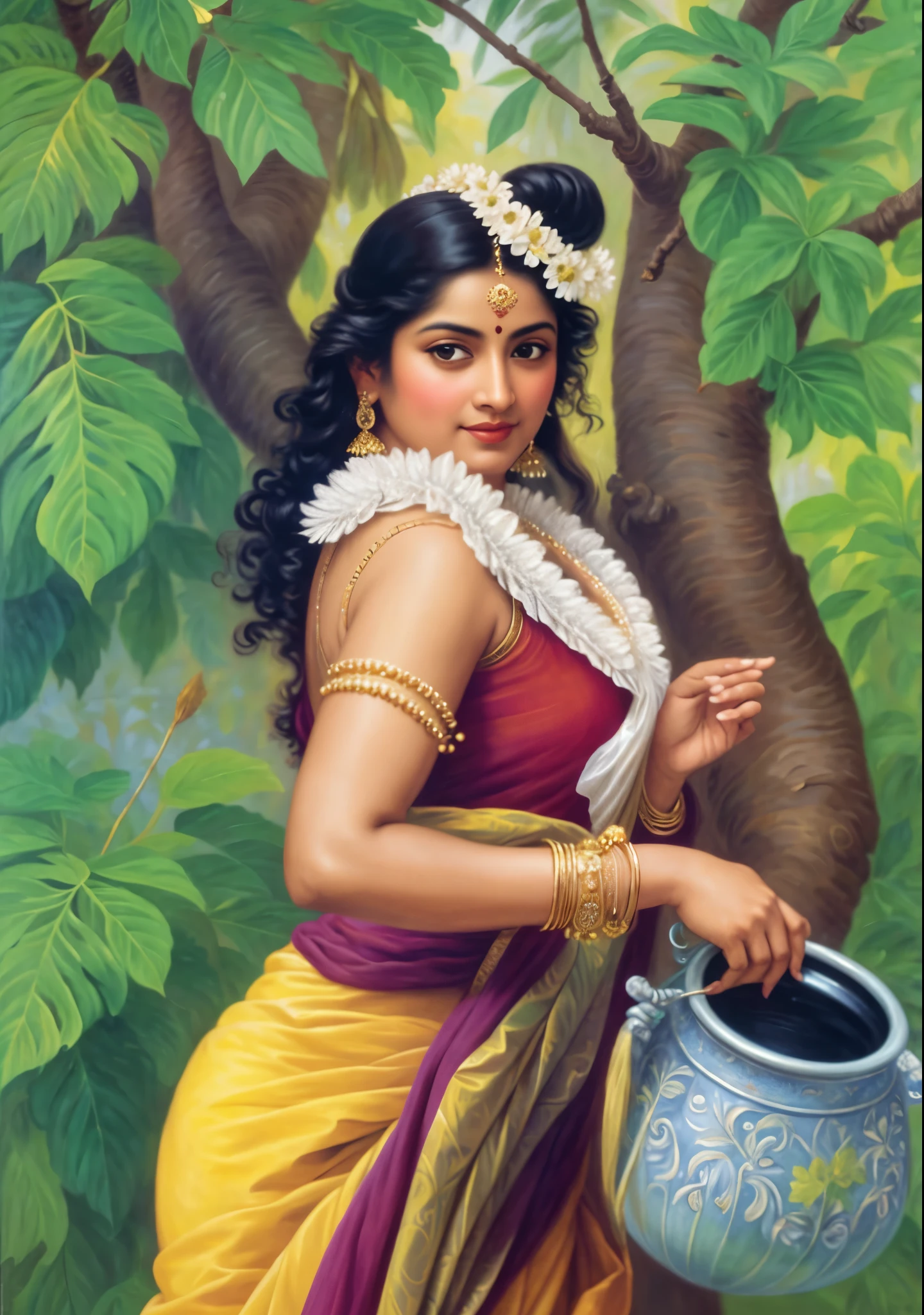 Beautiful Indian Woman, wearing saree, sari Beauty, gorgeous, Apsara, Maharani, royal queen woman, nymph from Hindu Mythology, Urvashi, matchless beauty, Highly detailed, Oil Painting by Peter Paul Rubens inspired by Raja Ravi Varma, Matchless beauty, captivating, gorgeous, heavenly beauty, celestial beauty, by Peter Paul Rubens, 13, realistic, hyper realistic, micro details, incredible artwork, insane details, ultra High resolution, 8k, 32k, acrylic on canvas, intricate, flawless, detailed, detailed face, detailed eyes, masterpiece, by Peter Paul Rubens, by Caravaggio, by William Adolphe bouguereau, perfect face, perfect body, beautiful art, realism, baroque, renaissance Art, highly textured, beautiful and detailed eyes, uhd, best quality,