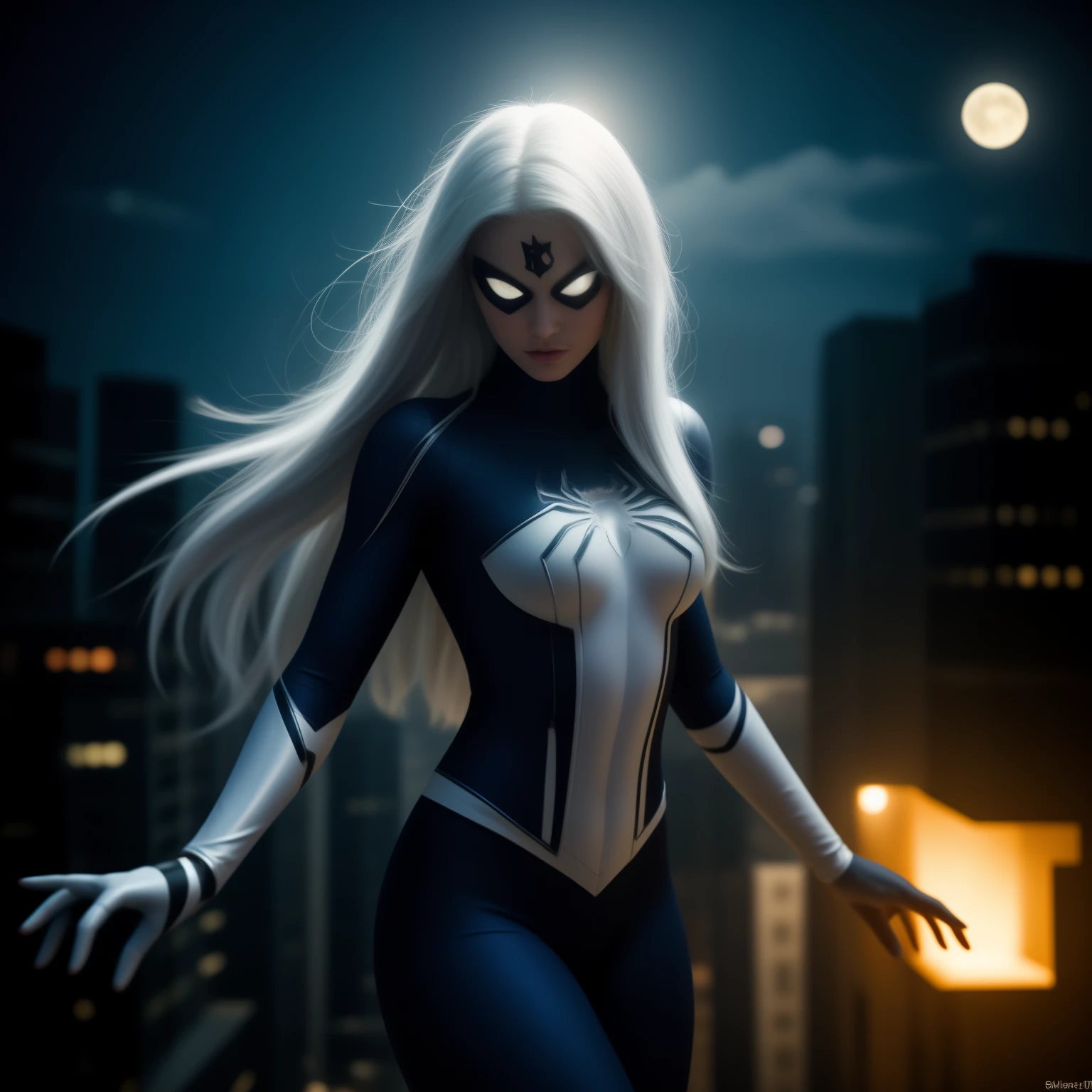 (Masterpiece, 4k resolution, ultra-realistic, very detailed), (White superhero theme, charismatic, there's a girl on top of town, wearing Spider-Man costume, she's a superhero), [ ((25 years), (long white hair:1.2), full body, (blue eyes:1.2), ((Spider-Man pose),show of strength, jumping from one building to another), ((sandy urban environment):0.8)| (cityscape, at night, dynamic lights), (full moon))] # Explanation: The Prompt mainly describes a 4K painting of ultra-high definition, very realistic, very detailed. It shows a superheroine at the top of the city, wearing a Spider-Man costume. The theme in the painting is a white superhero theme, the female protagonist has long white hair, is 25 years old and her entire body is shown in the painting. In terms of portraying the actions of superheroines, spiders are employed