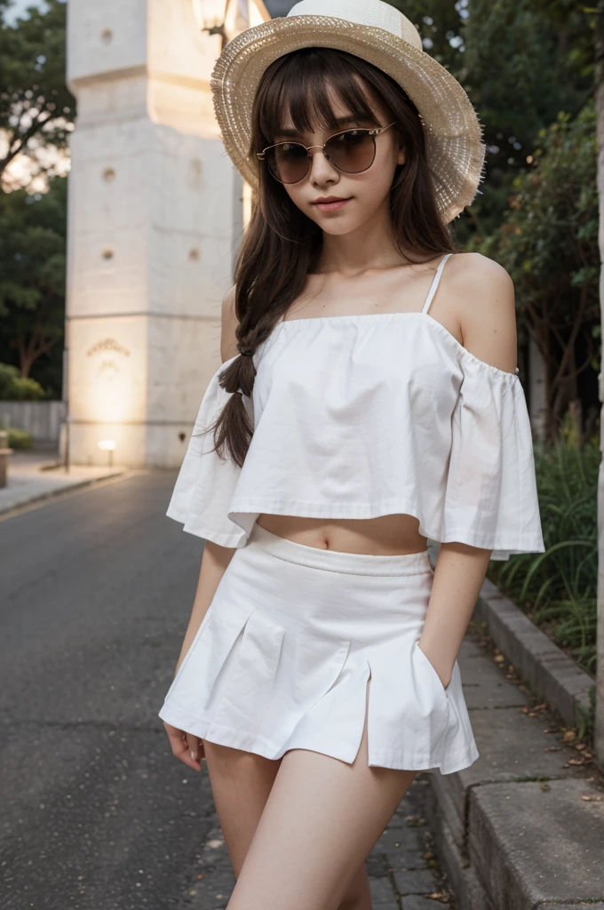 A cute girl, perfect face, beautifull  girl,14 years oldy body, slim body, white skin, masterpiece, textured skin, super detail, high details, high quality, 8k, nice pose, road night background, dark shadow, less light, nature light, side lighting to face, dress, wearing a white hat, detailed hat, wearing a sun glasses, wearing a mask, cute lips, small and cutest lips, at night, wearing a white shoes, bangs hair style, open top, small skirt, wearing a ears rings, little smlie, night time.
