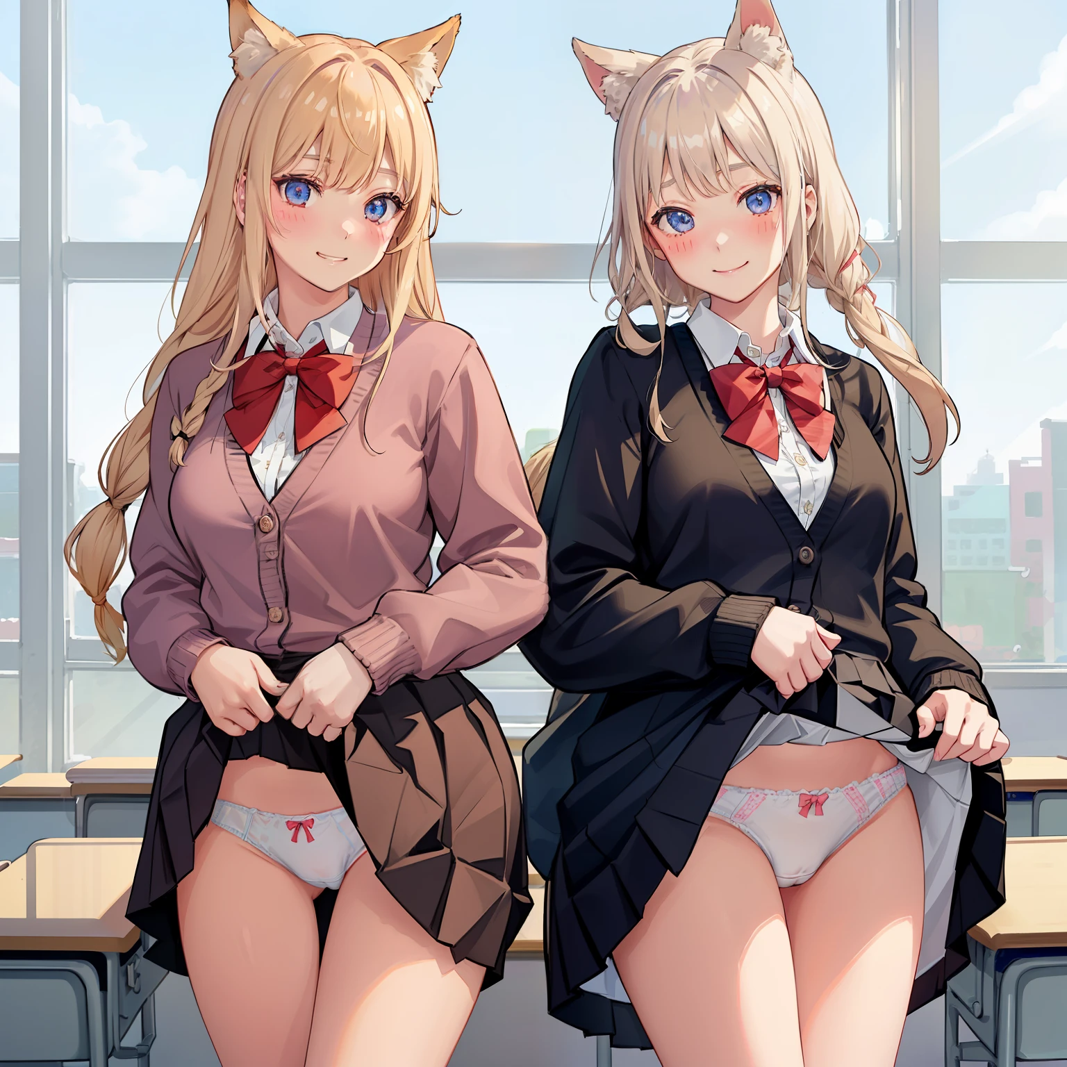 ((2 girls))、(smile:1.5)、Small breasts、(Cowboy Shot)、(fun!!)、(cardigan)、(Blonde)、(blush:1.4)、Fox ears、(single braid)、(Eye highlights:1.3)、blake black shoes,(黒いskirt)、bow, button, shirt with collar, Long sleeve, ((red bow tie, , Black jacket, Open jacket, 茶色のcardigan, white shirt, 黒のskirt, チェック柄のskirt、white socks)),, shirt,, skirt, socks, Thighs, white shirt, Rest indoors, ((classroom:1.5))、 BREAK while watching the audience、(skirtを掴む:1.0)、 (Perfect hands, Perfect Anatomy),Cowboy Shot、(skirt lift:1.3),(Highly detailed white panties:1.3)、(highly detailed panties:1.3)、、(skirt that rolls up:1.3)、(Full-fledged panties:1.5)、Light blue eyes、