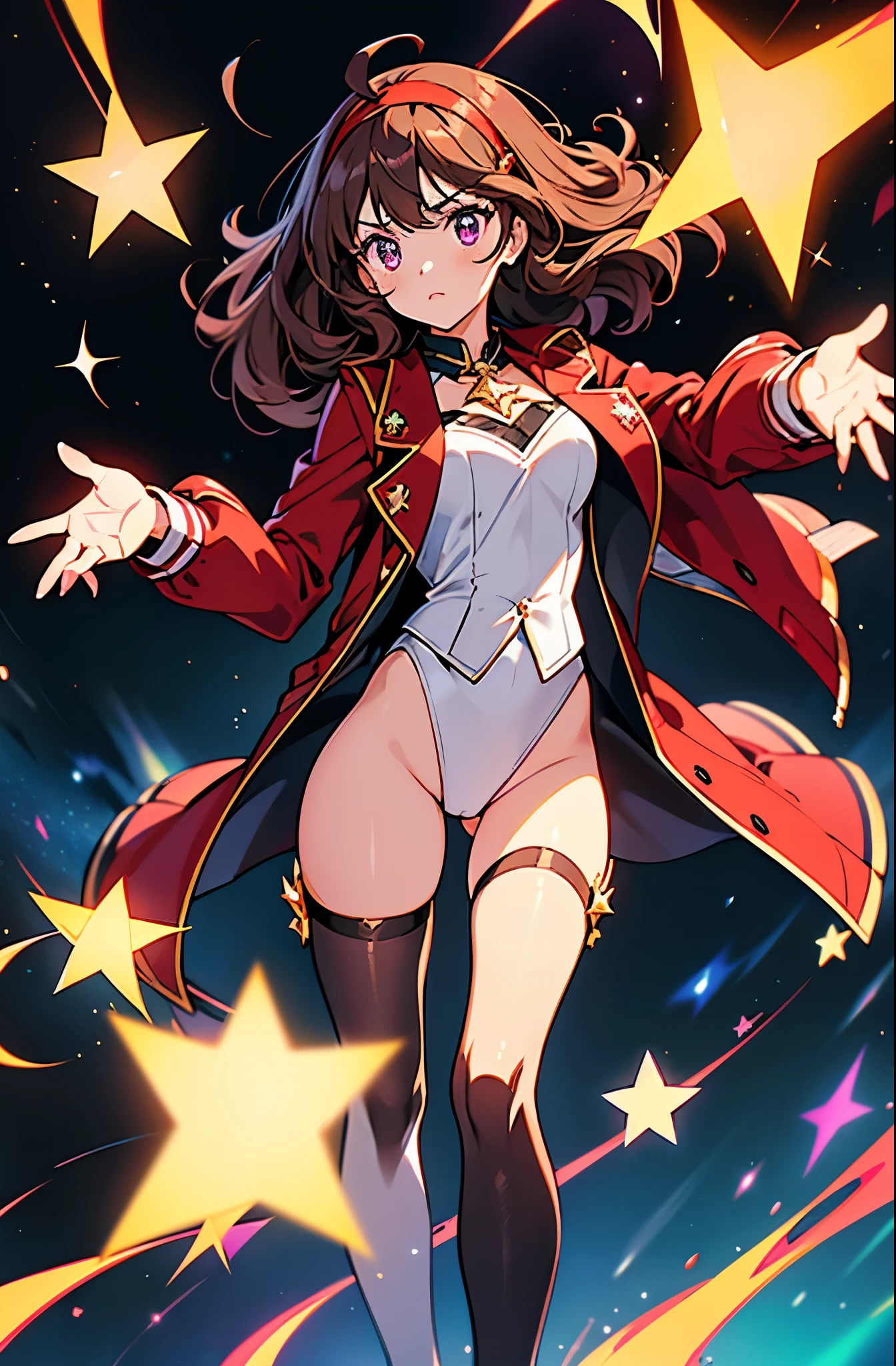 Woman with brown eyes, age 21 (medium hair, dark brown hair, wavy hair, red hairband), ahoge, ((white blouse with black stars, vest, red jacket with stars)), (leotard, bare legs, black thigh highs, high-heel shoes), purple stellar energy around, cosmic power, cosmic shining power. purple eyes, beautiful detailed eyes, beautiful detailed face, cute face, perfect hands, complete fingers, perfect anatomy, perfect proportions. (casting a spell). full body costume design, full body, cowboy shot.