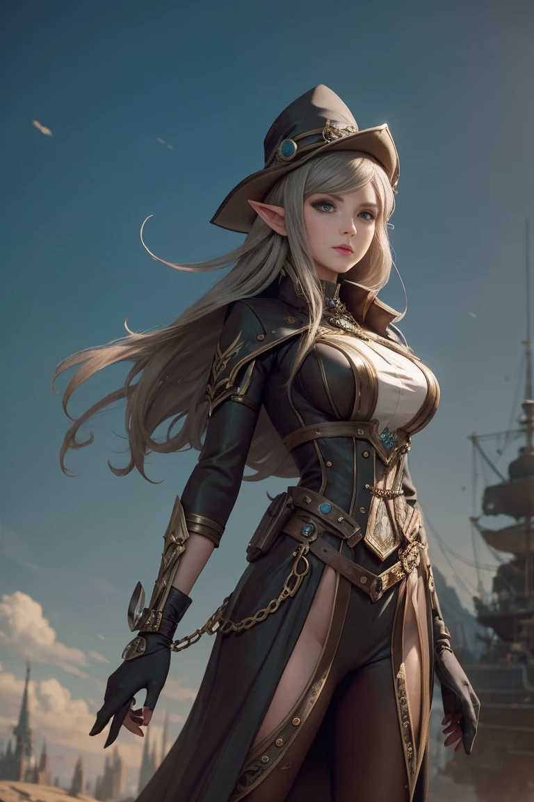 Sophisticated elf woman, ladies hat, steampunk suit, airship, muted colors, sephia filter,