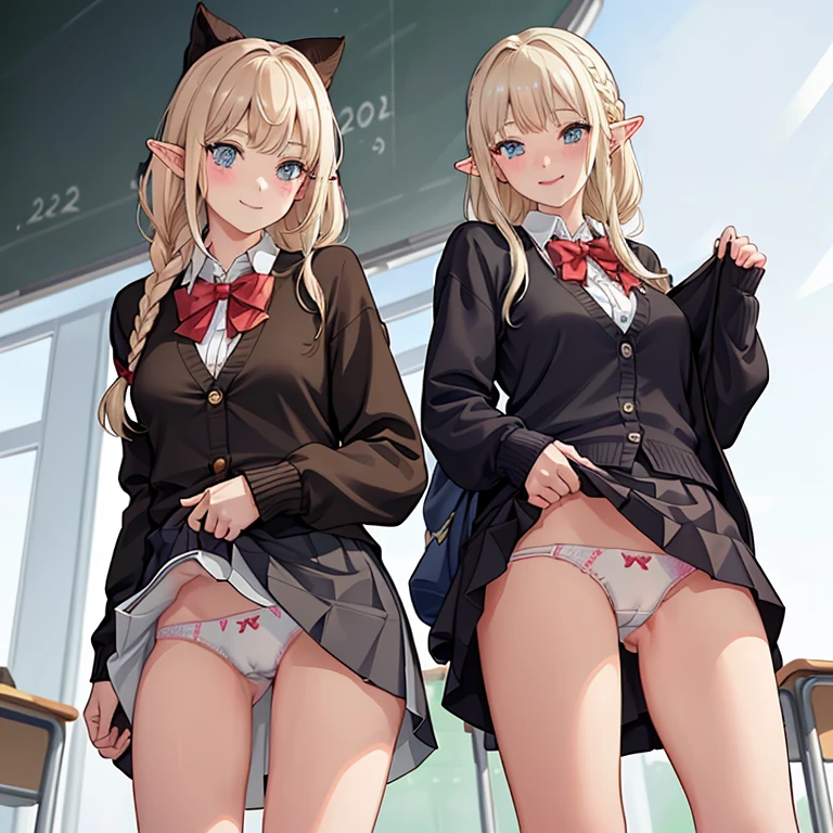 ((2 girls))、(smile:1.5)、Small breasts、(Cowboy Shot)、(fun!!)、(cardigan)、(Blonde)、(blush:1.4)、Elf Ears、(single braid)、(Eye highlights:1.3)、blake black shoes,(黒いskirt)、bow, button, shirt with collar, Long sleeve, ((red bow tie, , Black jacket, Open jacket, 茶色のcardigan, white shirt, 黒のskirt, チェック柄のskirt、white socks)),, shirt,, skirt, socks, Thighs, white shirt, Rest indoors, ((classroom:1.5))、 BREAK while watching the audience、(skirtを掴む:1.0)、 (Perfect hands, Perfect Anatomy),Cowboy Shot、(skirt lift:1.3),(Highly detailed white panties:1.3)、(highly detailed panties:1.3)、、(skirt that rolls up:1.3)、(Full-fledged panties:1.5)、Light blue eyes、