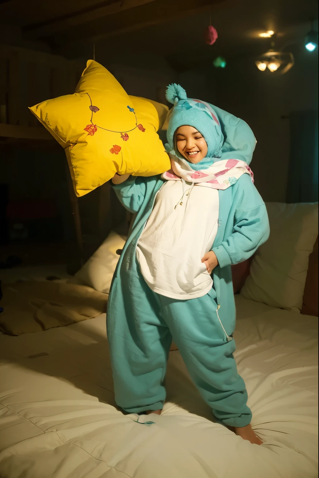(Best quality, 8k, 32k, Masterpiece, UHD:1.2) Transform the setting into a cozy slumber party or playful playhouse scene from Mobile Legends. Imagine vibrant colors and whimsical decorations adorning the room, with plush pillows and blankets scattered across the floor for lounging. In one corner, a makeshift tent made from bedsheets provides a cozy hideaway for secrets and giggles. A table in the center of the room is piled high with snacks and refreshments, inviting guests to indulge in treats between rounds of games. Laughter fills the air as friends gather around to share stories, play games, and enjoy each other's company late into the night. Whether it's a sleepover or a playful afternoon, the fun never ends in this magical setting inspired by Mobile Legends.