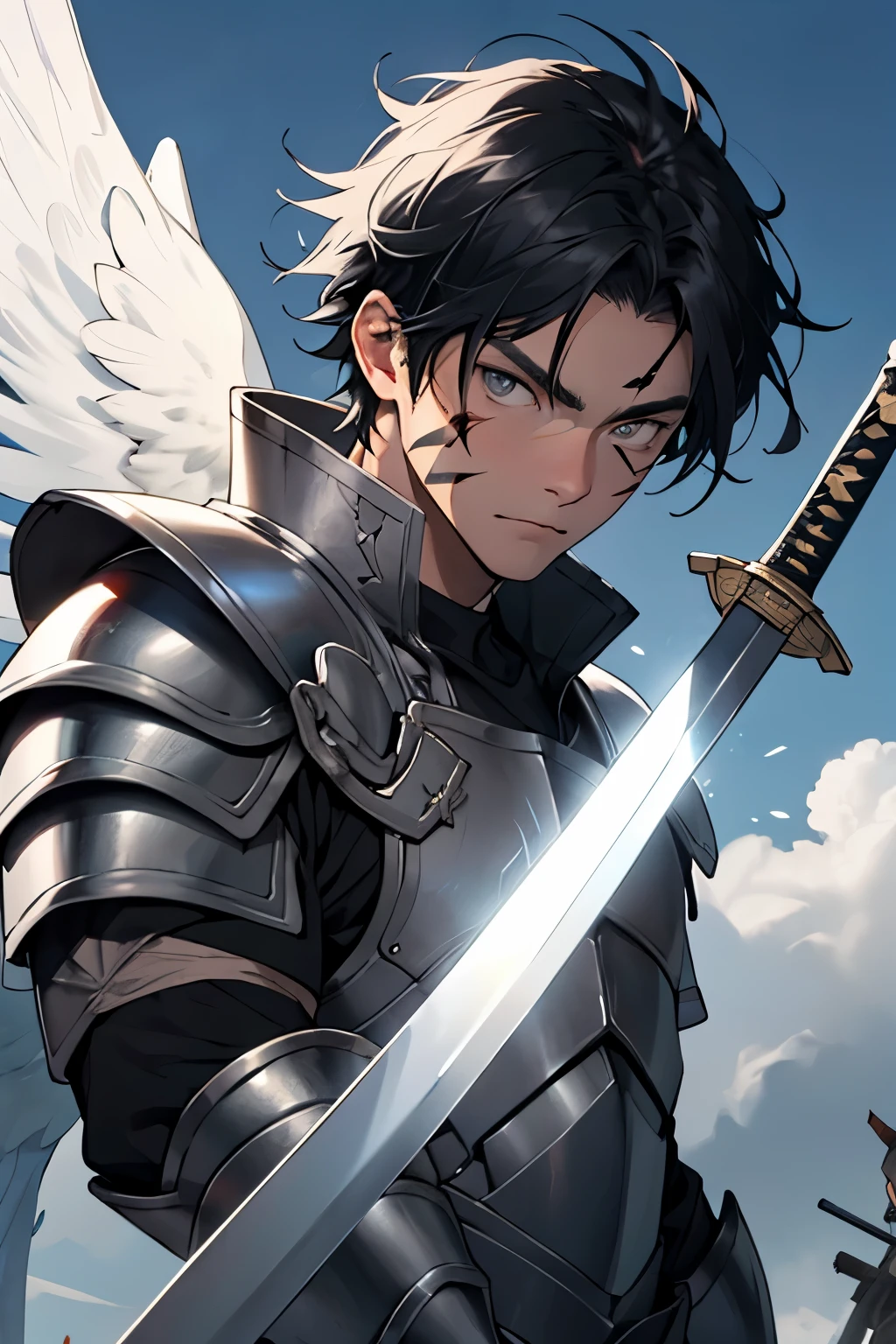 Angel man short black hair white skin gray eyes serious battle marks with a sword and angel armor 