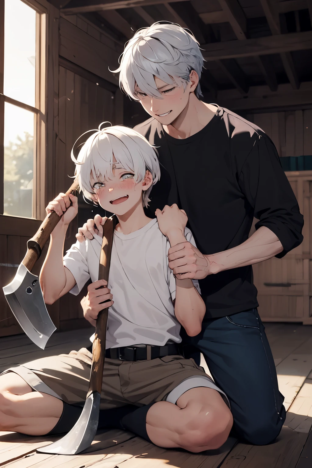 A black-haired guy is sitting tied up on the floor, a white-haired man is standing over him and smiling insanely. The black-haired guy is afraid, crying. the white-haired guy is embarrassed, his cheeks are blushing, he is holding an axe in his hands