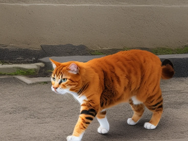 A cat is walking on the sidewalk near the building, orange cat in mid action, orange cat, orange cat, an orange cat, The cat is walking, Walking proudly down the street, the cat is orange, Running cat, very handsome, Cat Pictures, garfield the cat, Chonker cat, Handsome