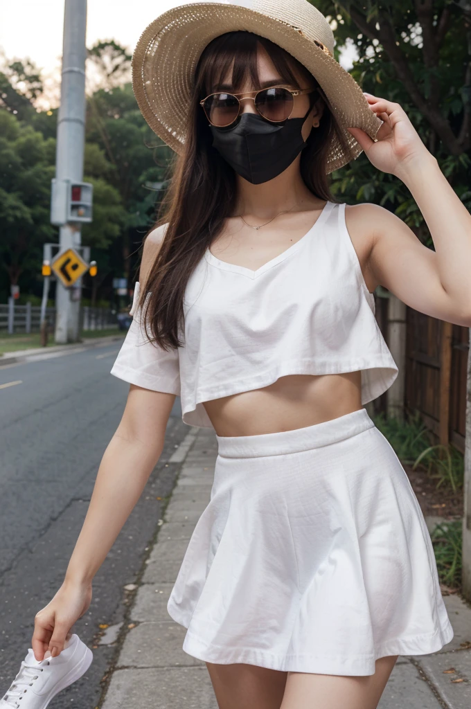 A cute girl, perfect face, beautifull 14 years old girl,14 years old girl, skinny body, slim body, white skin, masterpiece, textured skin, super detail, high details, high quality, 8k, nice pose, road night background, dark shadow, less light, nature light, side lighting to face, dress, wearing a white hat, detailed hat, wearing a sun glasses, wearing a mask, cute lips, small and cutest lips, at night, wearing a white shoes, bangs hair style, open top, small skirt, wearing a ears rings, little smlie, night time.