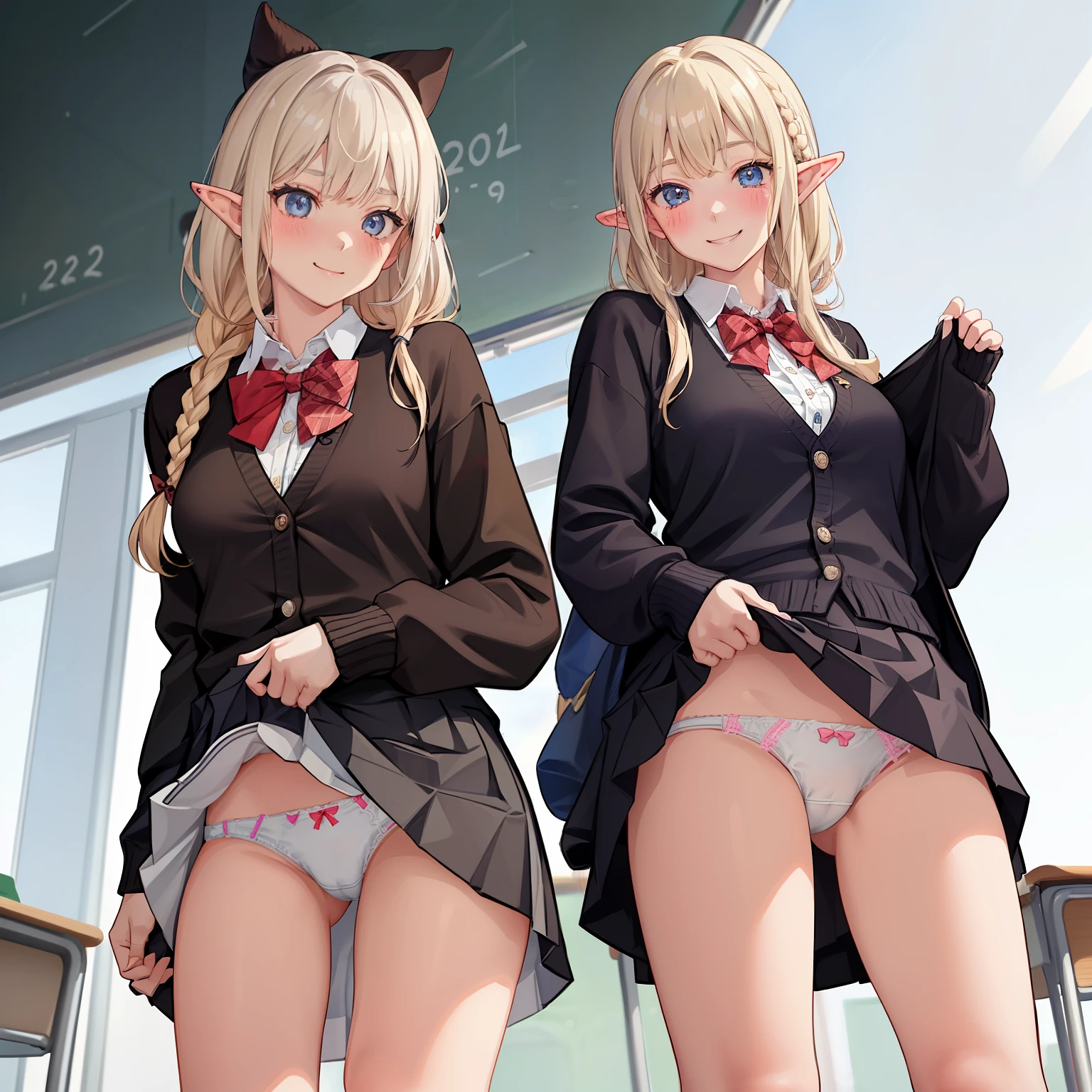 ((2 girls))、(smile:1.5)、Small breasts、（Cowboy Shot）、(fun!!)、(cardigan)、(Blonde)、(blush:1.4)、Elf Ears、(single braid)、(Eye highlights:1.3)、blake black shoes,(黒いskirt)、bow, button, shirt with collar, Long sleeve,  ((red bow tie, , Black jacket, Open jacket, 茶色のcardigan, white shirt, 黒のskirt, チェック柄のskirt、white socks)),, shirt,, skirt, socks, Thighs, white shirt, Rest indoors, ((classroom:1.5))、 BREAK while watching the audience、(skirtを掴む:1.0)、 (Perfect hands, Perfect Anatomy),Cowboy Shot、(skirt lift:1.3),(Highly detailed white panties:1.3)、(highly detailed panties:1.3)、、(skirt that rolls up:1.3)、(Full-fledged panties:1.5)、Light blue eyes、