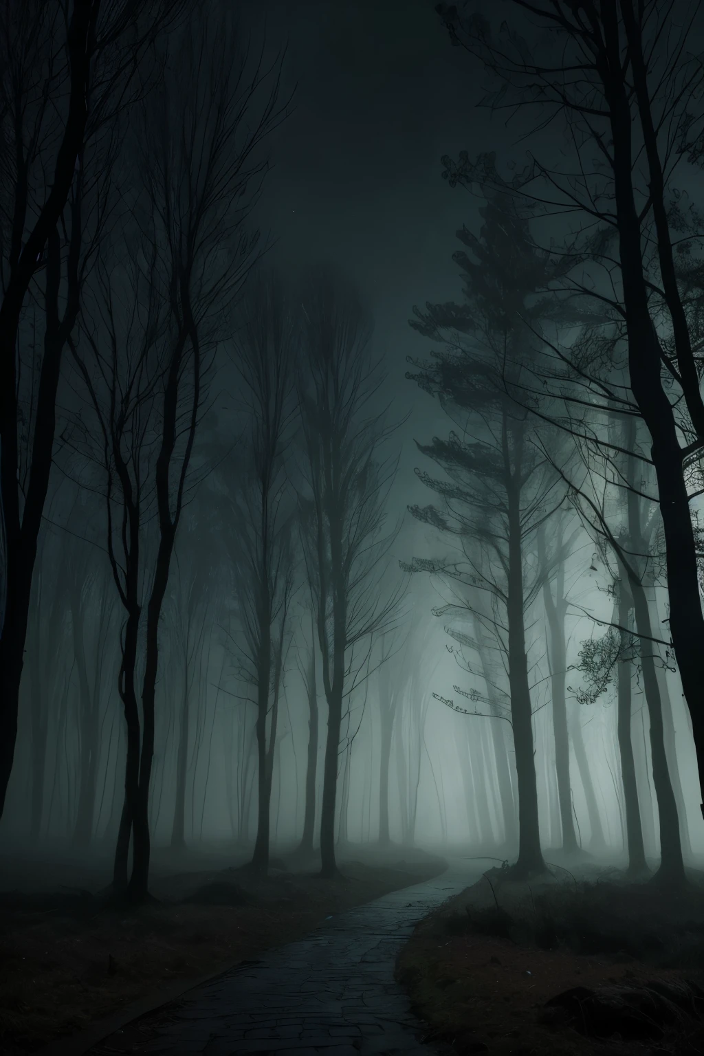 RAW, Best quality, high resolution, Masterpiece: 1.3), Beautiful and eerie forest at night (iu:0.8),
Masterpiece, Spooky forest night, Dark and mysterious, 1scene, Detailed trees, Realistic leaves, Gloomy atmosphere, Shadowy figures, Moody lighting, Volumetric fog, 8k,
A breathtaking depiction of a hauntingly beautiful forest during a dark and ominous night. The trees stand tall, their detailed leaves rustling softly in the stillness of the night. The gloomy atmosphere is accentuated by the shadowy figures lurking between the trees, adding an air of mystery to the scene. The