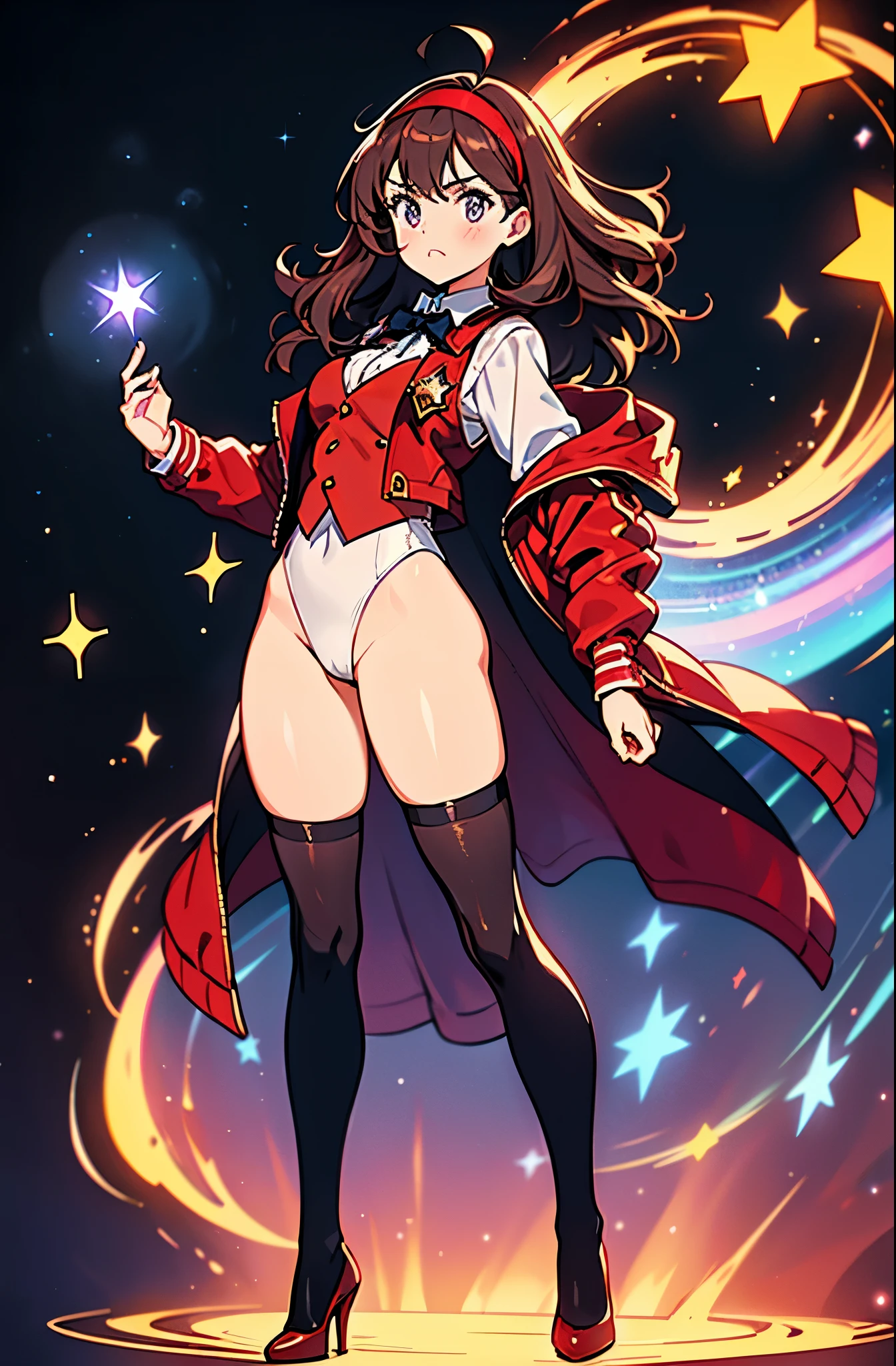 Woman with brown eyes, age 21 (medium hair, dark brown hair, wavy hair, red hairband), ahoge, ((white blouse with black stars, vest, red jacket with stars)), (leotard, bare legs, black thigh highs, high-heel shoes), purple stellar energy around, cosmic power, cosmic shining power. purple eyes, beautiful detailed eyes, beautiful detailed face, cute face, perfect hands, complete fingers, perfect anatomy, perfect proportions. (casting a spell). full body costume design, full body, cowboy shot.