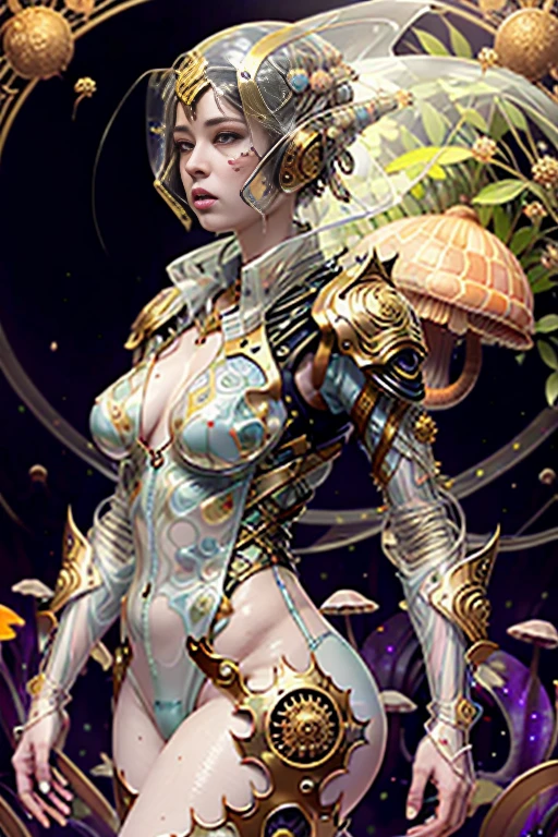(best quality,4k,8k,highres,masterpiece:1.2),ultra-detailed,(realistic,photorealistic,photo-realistic:1.37), HDR,UHD,studio lighting,ultra-fine painting,sharp focus,physically-based rendering,extreme detail,art nouveau,tarot card style, onmyoji detailed art, 1female alien, cyborg samurai, (dynamic pose:1.6),wide angle, Dynamic angle and composition, 3v4gr33n, (wearing a biological exoskeleton:1.6), (Holding a large sword), (fractalized), clothed in old samurai uniform, wearing kimono armor, (wearing a fish-shaped glass helmet:1.37), highly detailed exoskeleton, (her exoskeleton have organic details adorned with beautiful gems:1.37), futuristic alien,(wearing a translucent cloth cape in the shape of a leaf:1.4), Translucent petal-like cloth hangs from her waist, horror, (sci-fi), (concept art inspired by moebius), (exotic alien flora background with fungi:1.6), dreamy lighting, vibrant colors,earthen and pale red hues,Yoshitaka Amano style, intricate details, (surreal landscape), (otherworldly creatures), mesmerizing pattern, intricate helmet design, dreamlike atmosphere, mythical creatures, (surrealistic composition), trending on cgsociety