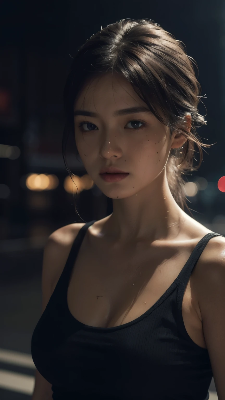8K, Best quality, masterpiece, realistic, ultra detail, photo realistic, Improving quality,
city street, Neon, fog, volume, close-up portrait photo of a young woman in dark clothes, Dirty and wet hair, breast, shot from a distance, Dirty body, indifferent, body sweat, Low cut tank top, depth of field, fabulous, detailed face, dark theme, night, Soothing tones, muted colors, high contrast, natural skin texture, hyperrealism, soft light, spicy, (freckles:0.3),
