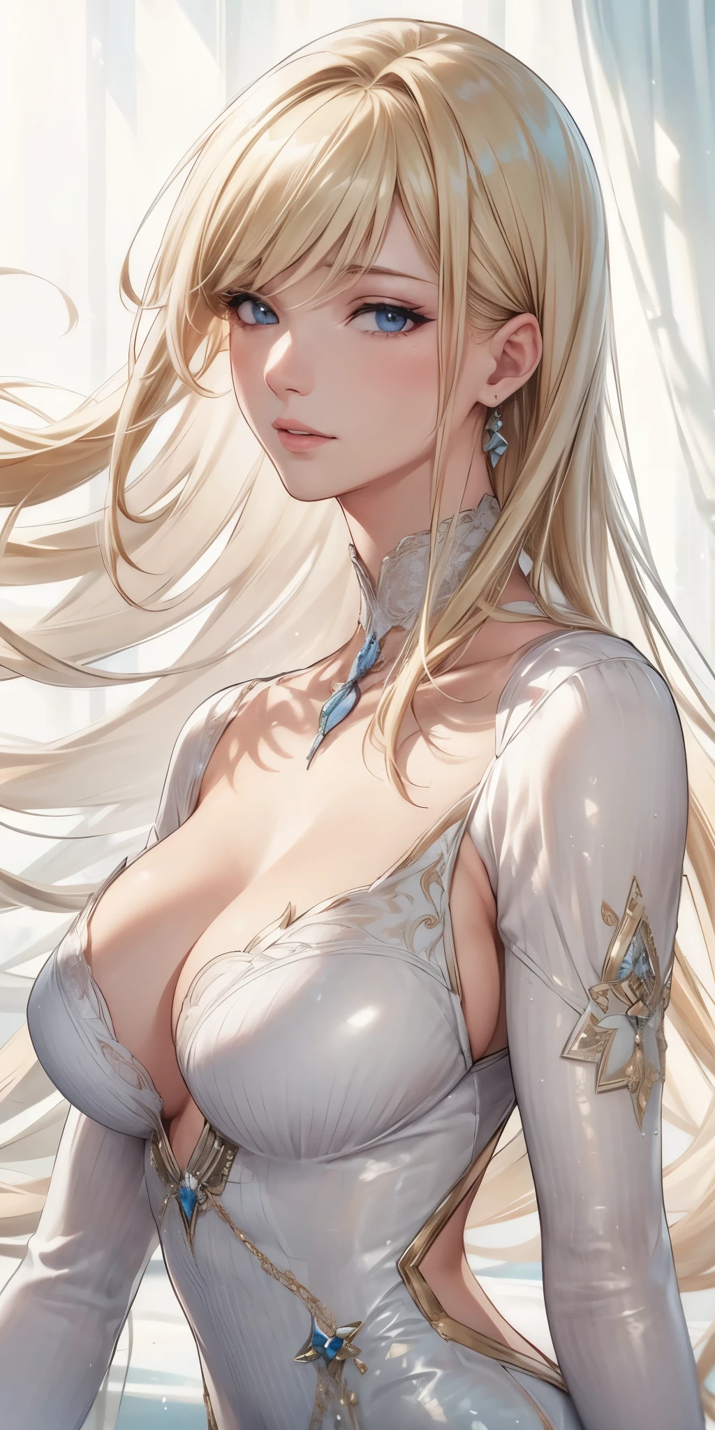 portrait realistic, blonde hair, big breast, 4k resolution, high quality cg, beautiful cg, soft light,