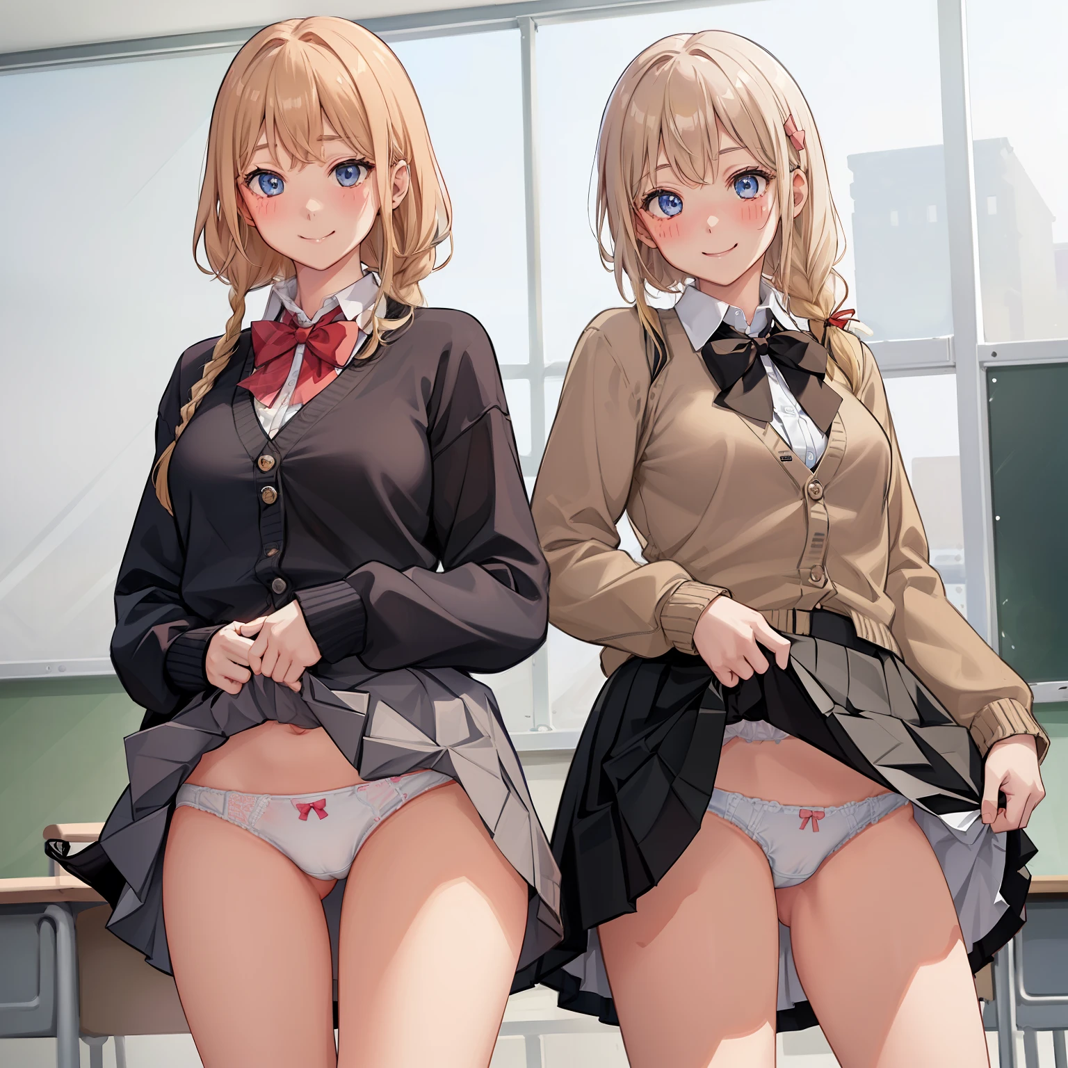 ((2 girls))、(smile:1.5)、Small breasts、（Cowboy Shot）、(fun!!)、(cardigan)、(Blonde)、(blush:1.4)、、(single braid)、(Eye highlights:1.3)、blake black shoes,(黒いskirt)、bow, button, shirt with collar, Long sleeve,  ((red bow tie, , Black jacket, Open jacket, 茶色のcardigan, white shirt, 黒のskirt, チェック柄のskirt、white socks)),, shirt,, skirt, socks, Thighs, white shirt, Rest indoors, ((classroom:1.5))、 BREAK while watching the audience、(skirtを掴む:1.0)、 (Perfect hands, Perfect Anatomy),Cowboy Shot、(skirt lift:1.3),(Highly detailed white panties:1.3)、(highly detailed panties:1.3)、、(skirt that rolls up:1.3)、(Full-fledged panties:1.5)、Light blue eyes、