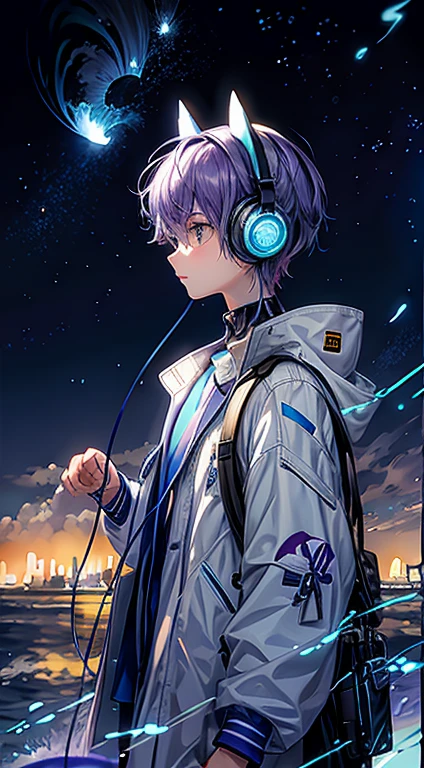 Blue coat，Light purple hair，beachside，the sea，With blue illuminated headphones，nigh sky，shoun