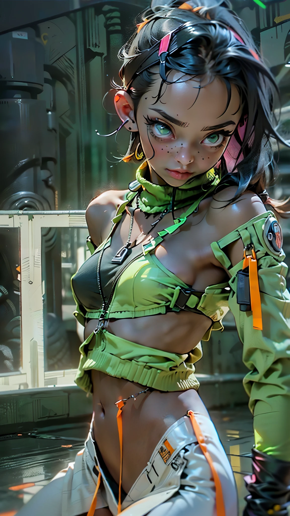 (calidad)), ((obra maestra)),Ariana Grande vestida con chaqueta verde ciborg,dance balet ,(chaqueta student neon verde:1.4), (miniskirt transparente amarillo colegiala ciborg:1.4),(fondo pared de hielo congelado caverna:1.4), cabello largo white canoso, El mejor, obra maestra, high resolution, El mejor Quality, Ultra High Definition, super details, Obras premiadas, 16k,,(Ojos hermosos azules), (pose vaquero) ,(chaqueta transparente verde ciberpunk:1.4), (fondo ciudad de Jupiter star wars:1.4), (chaqueta orange+rojo ciborg:1.4), cabello largo rojo, (perfect  ), (tiene un parche en el ojo de pirata:1.4) ,(cyber cyborg orange red chaqueta) , (mostrando vientre plano), (has transparent plastic clothing:1.4) ,(mostrando panties encaje) ,(Piel negra Africana:1.4) ,( ciberpunk 2.1), (cabello largo yellow neon:1.4), (yellow cyberpunk Bluetooth headphones on the head:1.4),