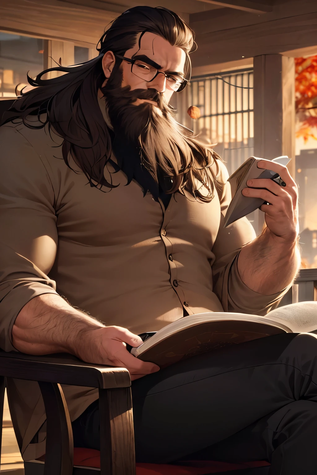 Picture Prompt: man, beard, glasses, book, reading, autumn leaf, SF background
Masterpiece, highres, best quality, ultra-detailed, intricate, autumn scene, science fiction, 4K, detailed shading, 3D rendered, man in glasses, sitting on a chair, holding a large open book with yellowed pages, autumn leaf falling next to him, beard lightly touching his chest, a focused expression on his face, reading intently, SF background with neon lights and intricate machinery visible in the distance.