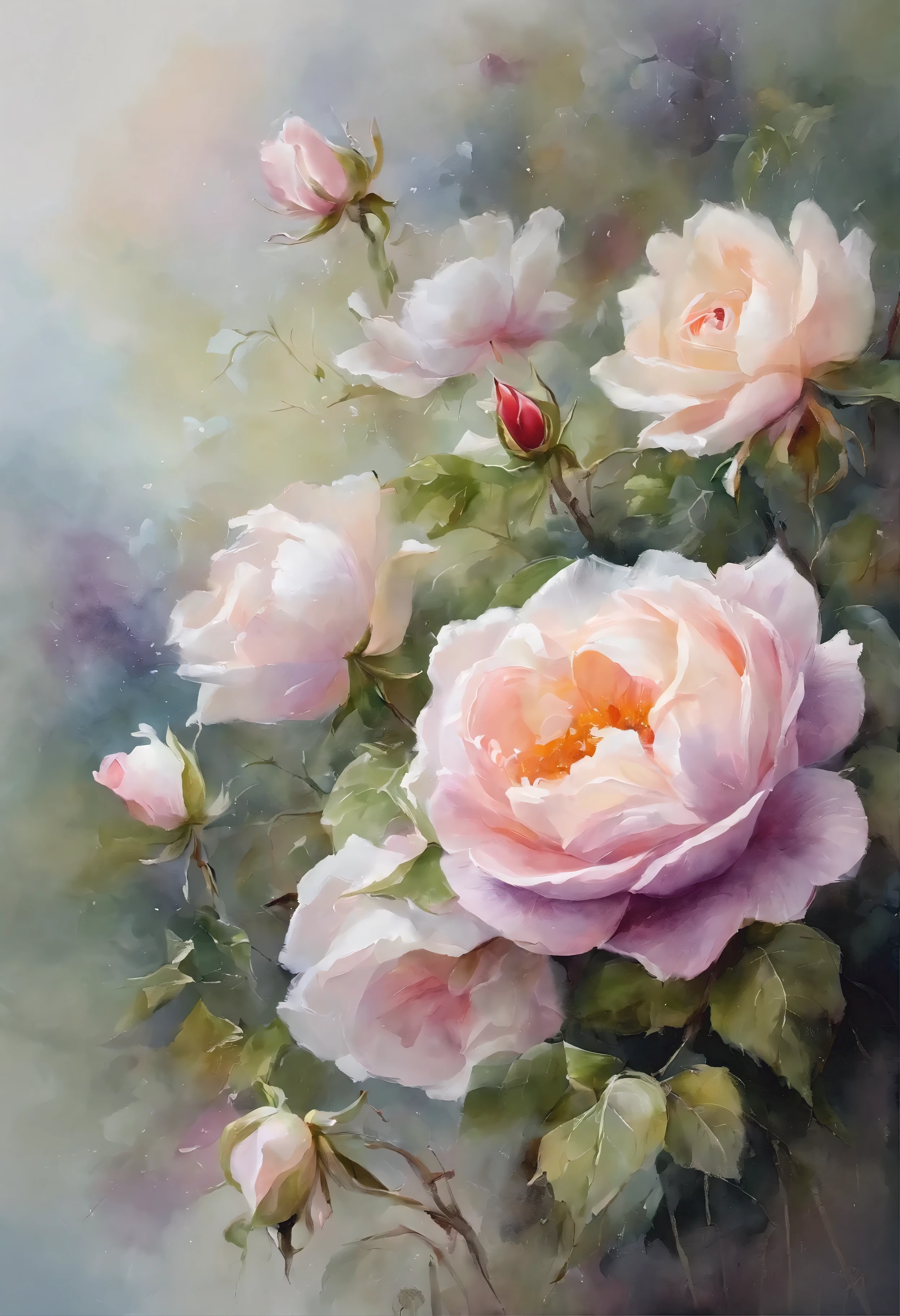 when i close my eyey thoughts are gradually immersed in a world of watercolor flowers。on canvas,A delicate pink rose blooms from the bottom,Like the first spring flowers blooming。Its petals are soft and full of life,It's as if you can feel the charming fragrance with just a touch。
careful observation,You will find that each petal of this rose has subtle color changes。Transition from light pink to deep purple,Just like the sky is gradually dyed with bright sunset glow at dusk。The texture of the petals is lifelike,It's as if you can feel their softness and fragility。
around the roses,A few small white flowers bloom quietly。Their petals are as white as snow,Fragrant。There is a tiny pearl-like dewdrop in the center of each flower,crystal clear,Exudes a fresh breath。The shape is light and beautiful,As if swaying and dancing in the breeze。
There are some small details on the screen,Like an emerald green vine surrounding a flower,It adds a touch of natural vitality to the whole painting。The vines are covered with tiny, cute purple flowers.,They are like a string of gems,embellishment in the picture,It makes people want to reach out and touch it。
The whole picture is filled with a soft light,As if shrouded in soft mist。This light gives the flowers a mysterious charm,It also makes people feel peaceful and comfortable。i can imagine,In this picture,Floral fragrance,A gentle breeze,As if you are in a fairyland garden。
This watercolor flower scene is stunning,Every stroke and every bit is full of the artist's praise of the beauty of nature and the display of creativity.。It makes people feel the delicacy of nature and the vitality of life,It's like you can hear the sound of flowers blooming,Feel the soft touch of the petals。It's a unique and interesting piece of work,It's intoxicating,Trigger endless reverie and imagination。