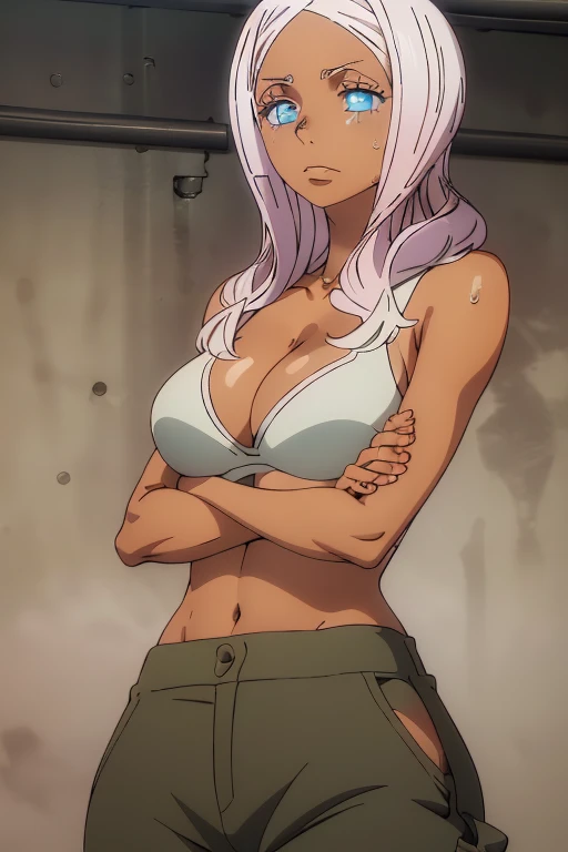 Beautiful anime girl, tanned skin, visible ribs, sweat glistening,  top, cargo pants, lying on the floor, emaciated, ultra-detailed, realistic, 8K, HDR, muted tones, atmospheric, clean lines, intense focus, physically-based rendering, extreme detail description, professional, vivid colors, bokeh. Capturing the essence of her struggle and the desolate environment, this artwork emphasizes her sunken features and the contrast between her tan skin and the pale floor. The lighting creates a moody, subdued atmosphere, highlighting the textures of her skin and the folds of her cargo pants. Disclaimer