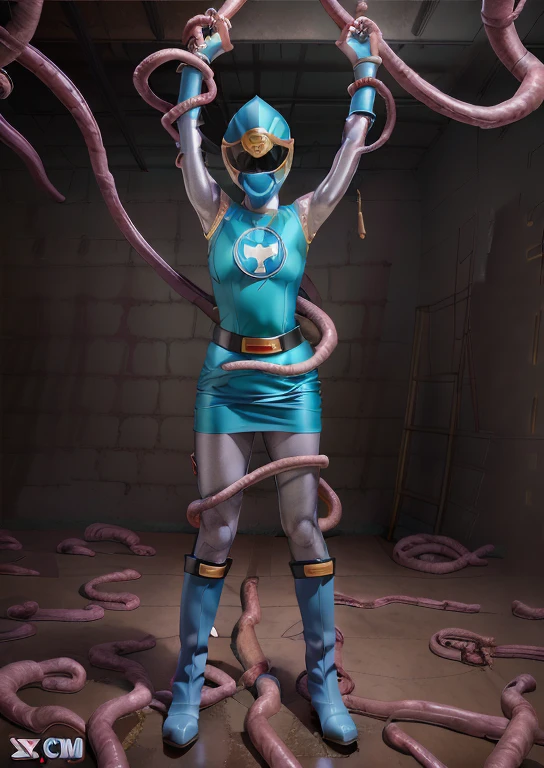 (best quality, masterpiece, RAW photo,ultra-detailed:1.2), 1girl, solo, looking at viewer, ((Hurricane Blue outfit, belt, gloves, helmet, blue spandex vest, blue boots, blue skirt, gray leggings, white gloves)), very large melon sized breasts, (((spread legs:1.1))), ((tentacles:1)), nsfw, raised arms, tentacles wrap around arms and legs, tentacles pressing on her crotch, tentacles squeezing her massive melon size breasts, dark room, eerie light, close up, industrial background, upper half body, creampie, wet