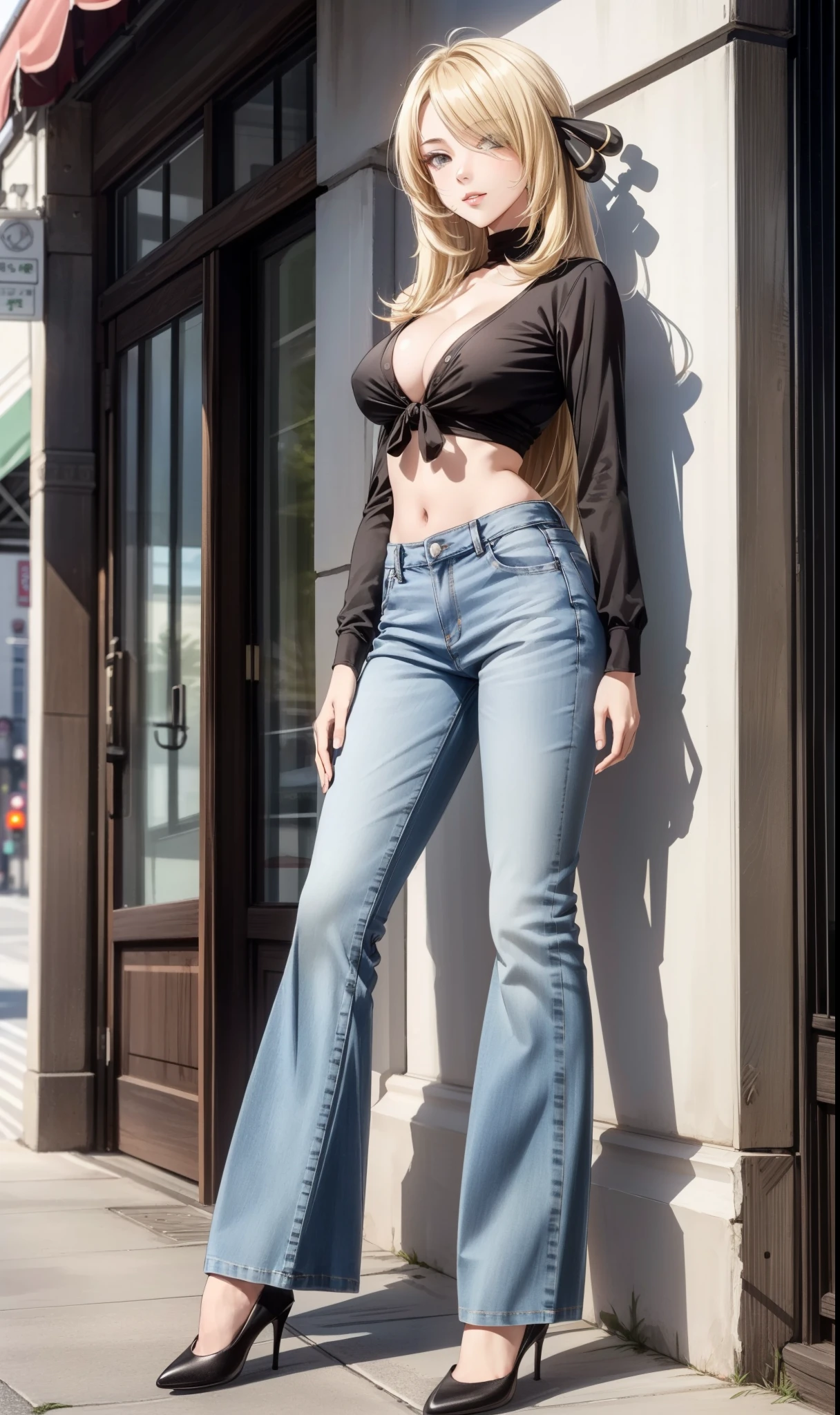 ultra high resolution, (dynamic angle, seductive pose:1.2), outdoors, downtown, (legs focus, full body:1.3), (beautiful face, beautiful eyes, beautiful legs), not safe for work, 
1girl, 20 year old, cynthia, blonde hair, wavy hair, (long hair:1.2, very long hair:1.2), hair covering one eye, hair ornament, grey eyes, seductive smile, hard nipples, cleavage, (black top:0.8, long sleeves), skinny, wide hips, thin waist, (jeans pants, flares jeans, blue jeans), black heels