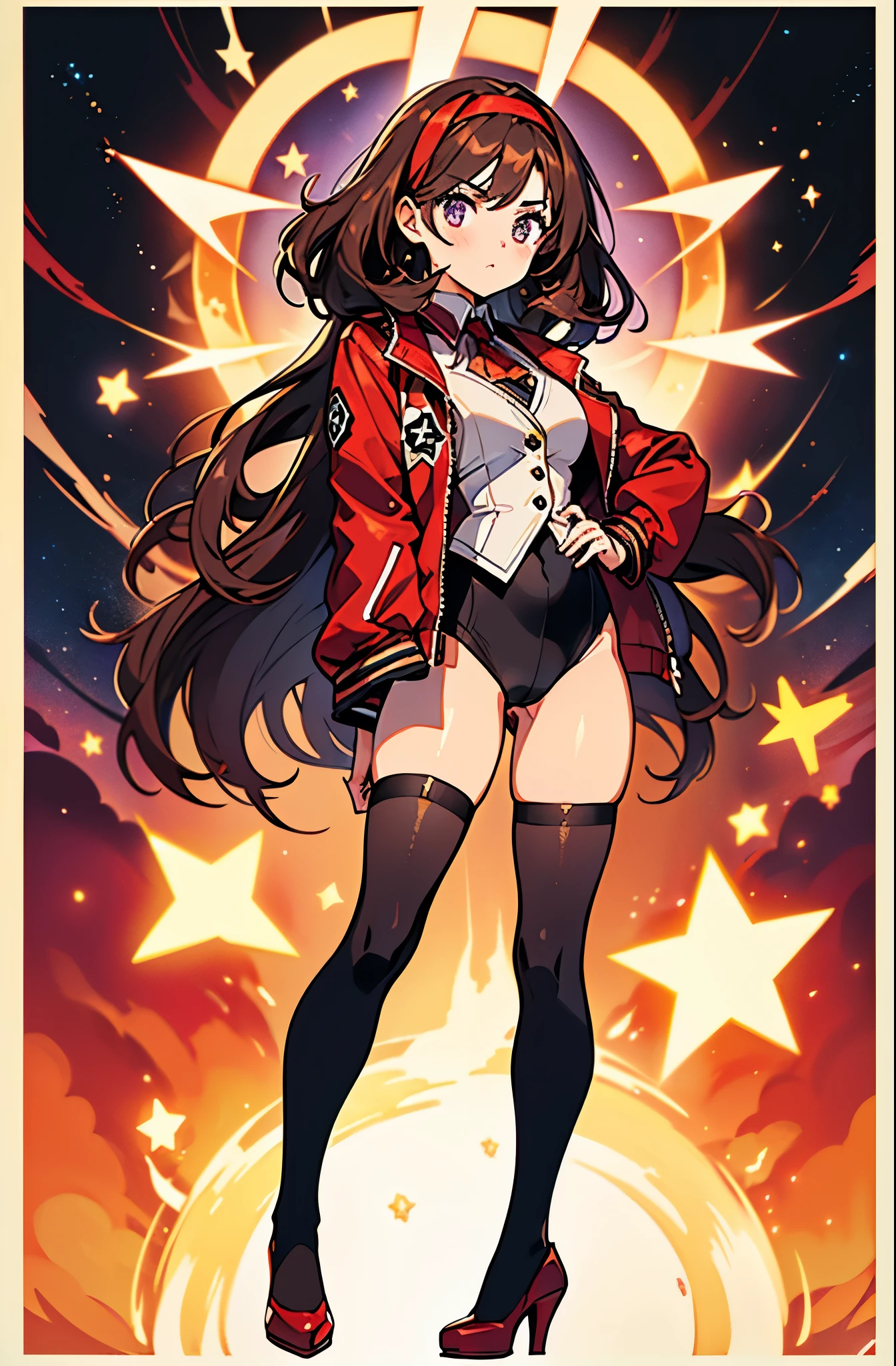 Woman with brown eyes, age 21 (medium hair, dark brown hair, wavy hair, red hairband), ahoge, ((white blouse with black stars, vest, jacket, opened jacket, red jacket with stars)), (leotard, bare legs, black thigh highs, high-heel shoes), purple stellar energy around, cosmic power, cosmic shining power. purple eyes, beautiful detailed eyes, beautiful detailed face, cute face, perfect hands, complete fingers, perfect anatomy, perfect proportions. (casting a spell). full body costume design, full body, cowboy shot.