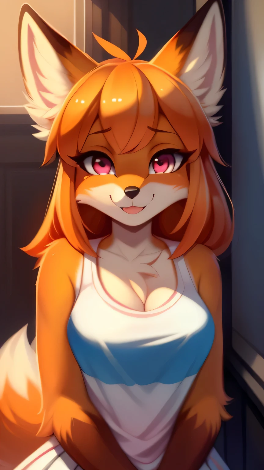 Nervous smiling, uploaded the e621, beautiful and detailed, woman (((female))) ((anthro)) Fox, (Fox girl), by waspsalad, by phluks, by zero-sum, cinematic lighting, Fox, (anthro, fluffy fur, character focus:1.1), 1girl, anthro fox girl, body fur, orange fur, orange body, orange hair, curvy, sexy, nice, cute, hot, comfortable anime-style cartoon-style, digital drawing, (half-closed eyes), pink eyes, horns (two color, white, black), bangs