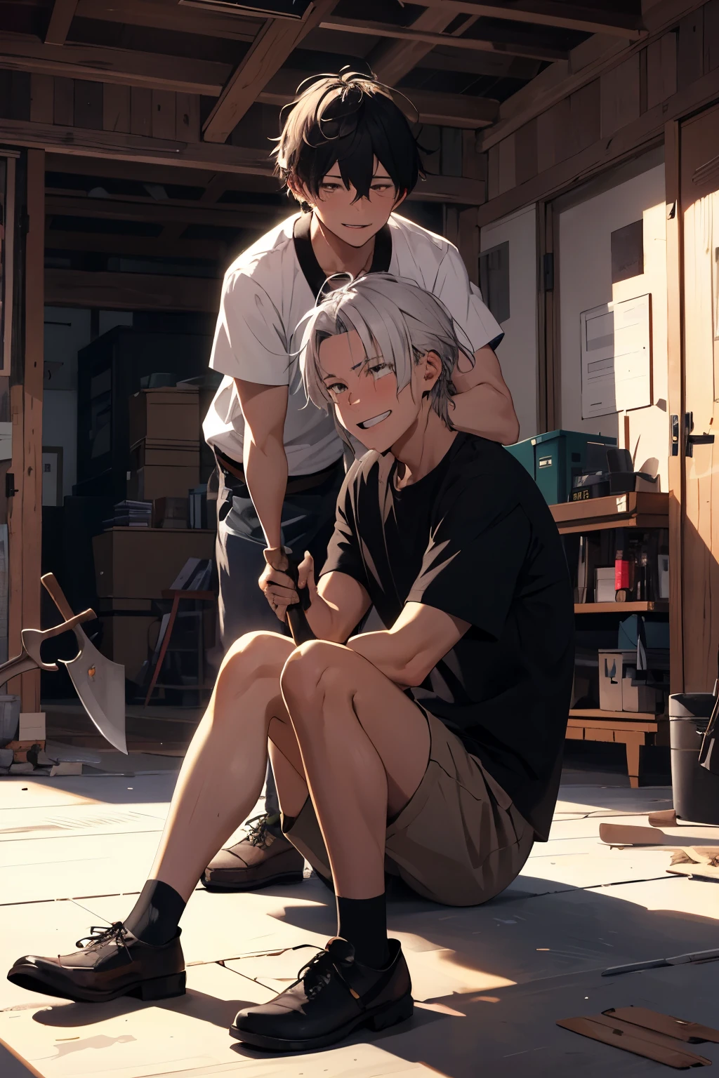 A black-haired guy is sitting tied up on the floor, a white-haired man is standing over him and smiling insanely. The black-haired guy is afraid, crying. the white-haired guy is embarrassed, his cheeks are blushing, he is holding an axe in his hands