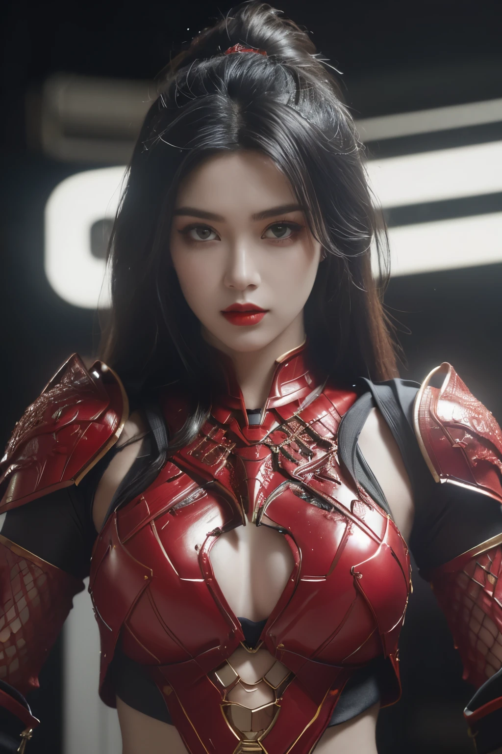 tmasterpiece,Best quality,A high resolution,8K,(Portrait photograph:1.5),(ROriginal photo),real photograph,digital photography,(Combination of cyberpunk and fantasy style),(Female soldier),20 year old girl,random hair style,By bangs,(Red eyeigchest, accessories,Redlip,(He frowned,Sneer),(Cyberpunk combined with fantasy style clothing,Openwork design,joint armor,police uniforms,Red iron suit),exposing your navel,Photo pose breast skin textures realistic,Realisticstyle,Thunder and lightning on rainy day,(Thunder magic),oc render reflection texture