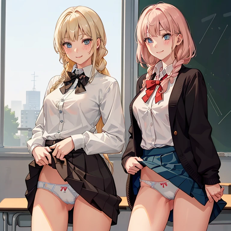 ((2 girls))、(smile:1.5)、Small breasts、(Cowboy Shot)、(fun!!)、(cardigan)、(Blonde)、(blush:1.4)、、(single braid)、(Eye highlights:1.3)、blake black shoes,(黒いskirt)、bow, button, shirt with collar, Long sleeve, ((red bow tie, , Black jacket, Open jacket, 茶色のcardigan, white shirt, 黒のskirt, チェック柄のskirt、white socks)),, shirt,, skirt, socks, Thighs, white shirt, Rest indoors, ((classroom:1.5))、 BREAK while watching the audience、(skirtを掴む:1.0)、 (Perfect hands, Perfect Anatomy),Cowboy Shot、(skirt lift:1.3),(Highly detailed white panties:1.3)、(highly detailed panties:1.3)、、(skirt that rolls up:1.3)、(Full-fledged panties:1.5)、Light blue eyes、