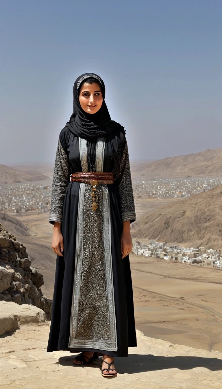 A highly detailed, ultra-realistic 9th-century landscape with a dark, starry night sky. A glowing figure of Fatima, wearing traditional Muslim attire with a hijab, stands out against the darkness. The scene should have a cinematic, mystical atmosphere, with the stars reflecting her radiance.