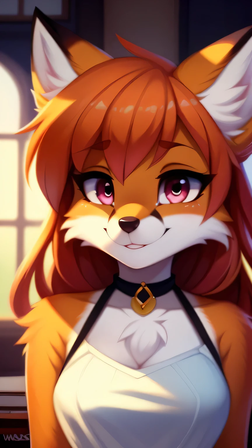 Nervous smiling, uploaded the e621, beautiful and detailed, woman (((female))) ((anthro)) Fox, (Fox girl), by waspsalad, by phluks, by zero-sum, cinematic lighting, Fox, (anthro, fluffy fur, character focus:1.1), 1girl, anthro fox girl, body fur, orange fur, orange body, orange hair, curvy, sexy, nice, cute, hot, comfortable anime-style cartoon-style, digital drawing, (half-closed eyes), pink eyes, horns, bangs