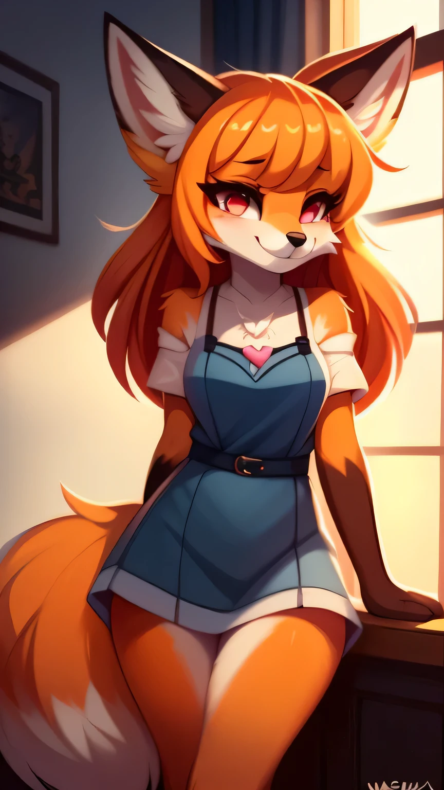 Nervous smiling, uploaded the e621, beautiful and detailed, woman (((female))) ((anthro)) Fox, (Fox girl), by waspsalad, by phluks, by zero-sum, cinematic lighting, Fox, (anthro, fluffy fur, character focus:1.1), 1girl, anthro fox girl, body fur, orange fur, orange body, orange hair, curvy, sexy, nice, cute, hot, comfortable anime-style cartoon-style, digital drawing, (half-closed eyes), pink eyes, bangs, horn