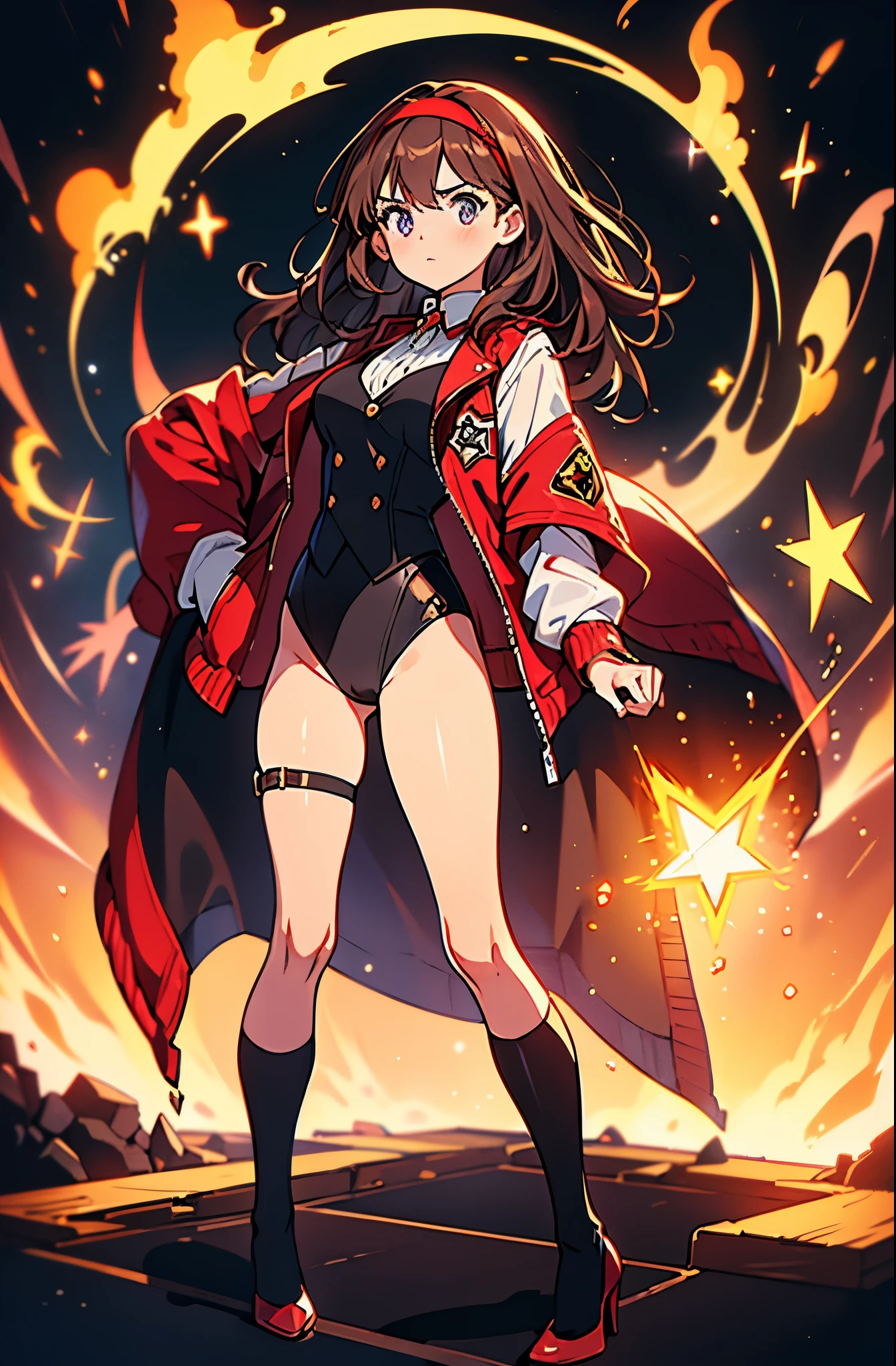 Woman with brown eyes, age 21 (medium hair, dark brown hair, wavy hair, red hairband), ahoge, ((white blouse with black stars, vest, jacket, opened jacket, red jacket with stars)), ((black leotard, bare legs, black thigh highs, high-heel shoes)), purple stellar energy around, cosmic power, cosmic shining power. purple eyes, beautiful detailed eyes, beautiful detailed face, cute face, perfect hands, complete fingers, perfect anatomy, perfect proportions. (casting a spell). full body costume design, full body, cowboy shot.