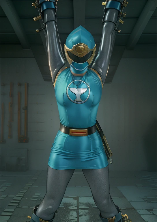 (best quality, masterpiece, RAW photo,ultra-detailed:1.2), 1girl, solo, looking at viewer, ((Hurricane Blue outfit, belt, gloves, helmet, blue spandex vest, blue boots, blue skirt, gray leggings, white gloves)), very large melon sized breasts, (((spread legs:1.1))), nsfw, bdsm, tied on wooden X cross, raised arms, legs wide open, dark room, eerie light, close up, industrial background, full body render, creampie, wet