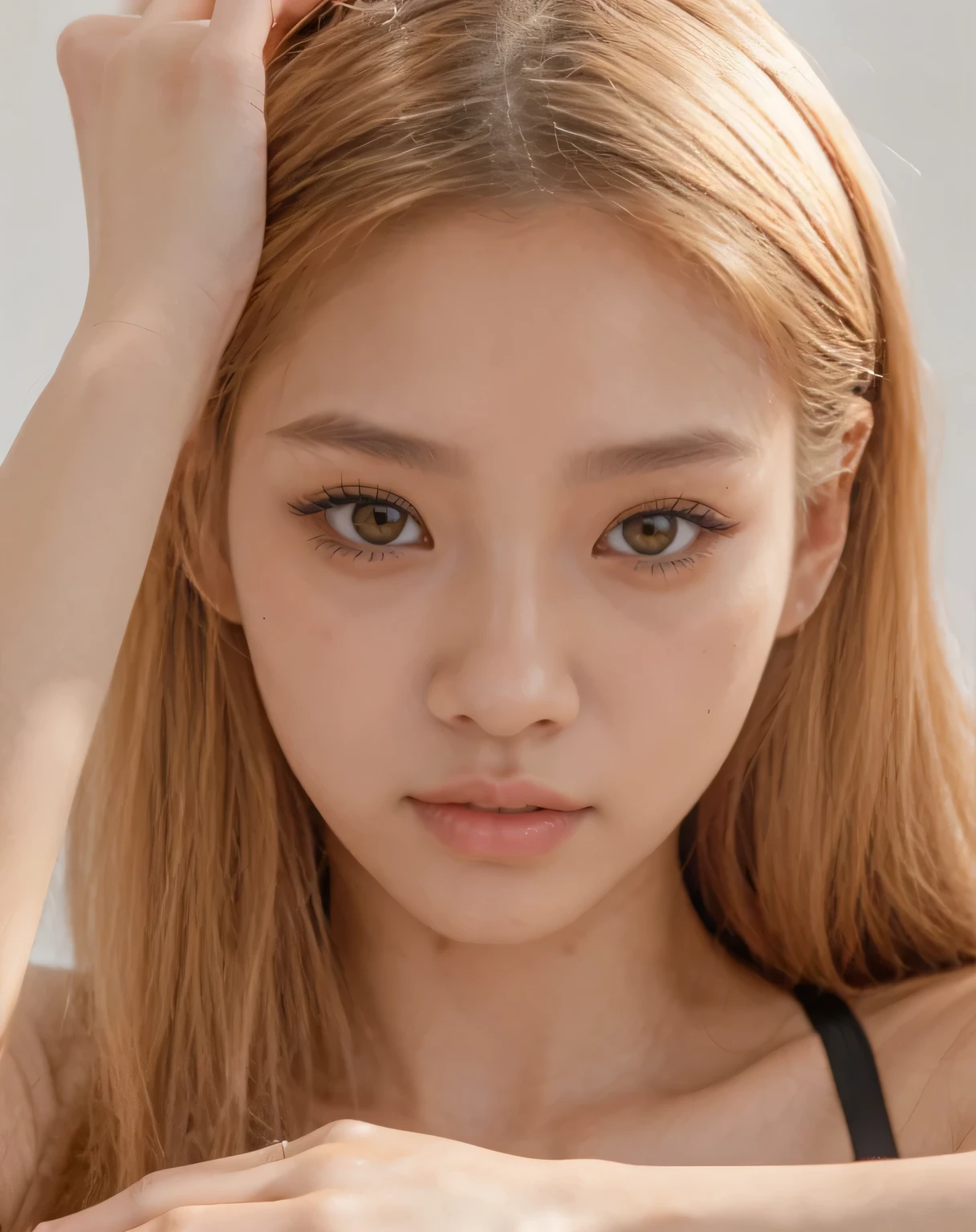 A close-up of a woman with long brown hair, WONYOUNG de IVE, Retrato de JANG WONYOUNG de IVE, WONYOUNG de IVE, maquillaje popular de Corea del Sur, JENNIE de BLACKPINK, Retrato de JENNIE de BLACKPINK, Tono de piel rosa pastel, JENNIE de BLACKPINK, maquillaje natural popular, double eyelid eyes, cejas delgadas, mujer coreana hermosa, JENNIE de BLACKPINK