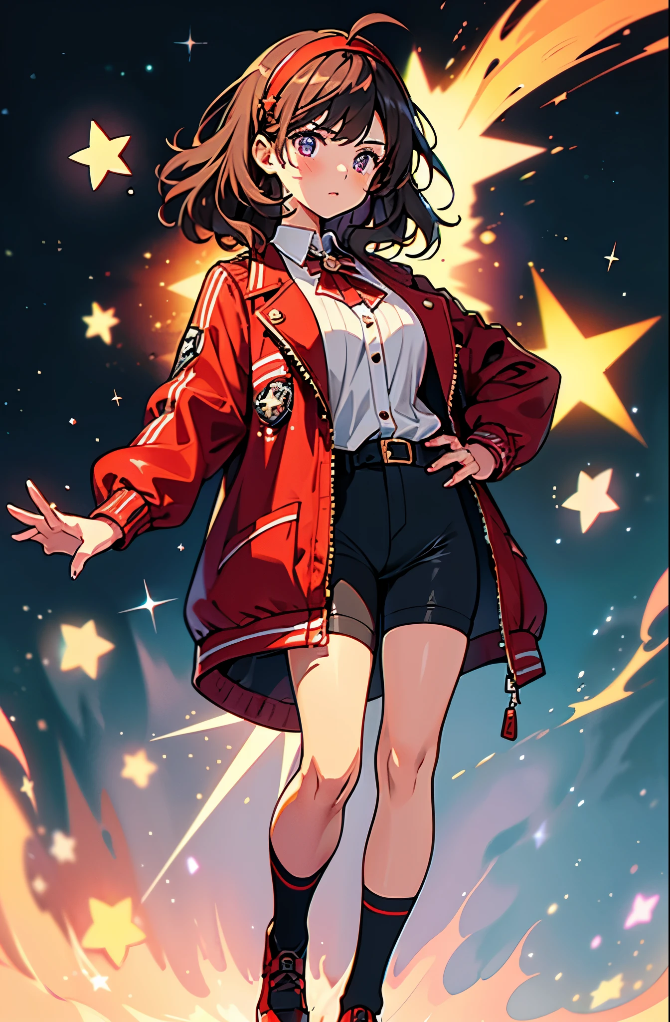 Woman with brown eyes, age 21 (medium hair, dark brown hair, wavy hair, red hairband), ahoge, ((white blouse with black stars, vest, jacket, opened jacket, red jacket with stars)), (bike shorts, black thigh highs, high-heel shoes), purple stellar energy around, cosmic power, cosmic shining power. purple eyes, beautiful detailed eyes, beautiful detailed face, cute face, perfect hands, complete fingers, perfect anatomy, perfect proportions. (casting a spell). full body costume design, full body, cowboy shot.