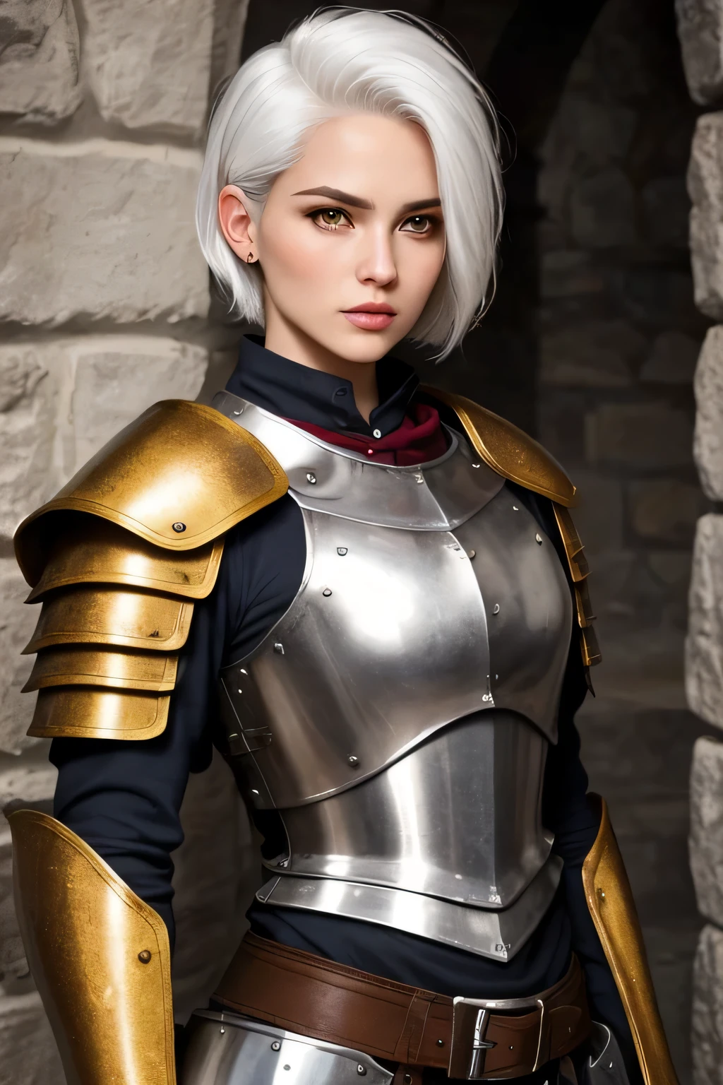 ((best quality)), (detailed), visage parfait, visage detailed, masculine woman with masculine features, white hair with a very short masculine cut, she has yellow/golden eyes, emotionless and jaded, aged 23, she is tall, thin but muscular and agile, she has several scars all over her her body is a mature, cold and sexy face she wears medieval armor with pants and chestplate.
