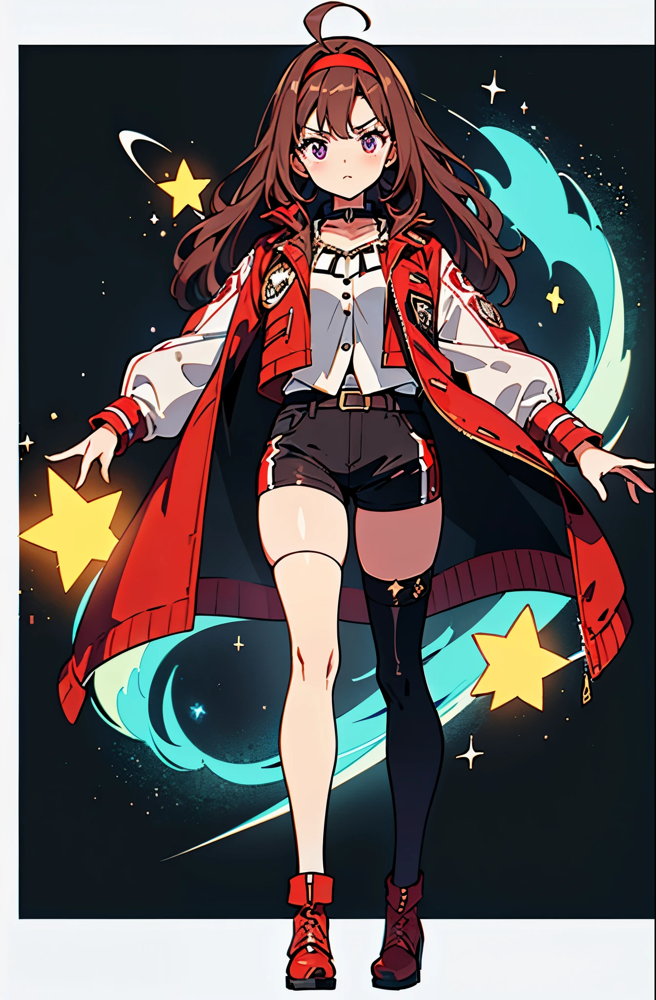 Woman with brown eyes, age 21 (medium hair, dark brown hair, wavy hair, red hairband), ahoge, ((white blouse with black stars, vest, jacket, opened jacket, red jacket with stars)), (bike shorts, black thigh highs, high-heel shoes), purple stellar energy around, cosmic power, cosmic shining power. purple eyes, beautiful detailed eyes, beautiful detailed face, cute face, perfect hands, complete fingers, perfect anatomy, perfect proportions. (casting a spell). full body costume design, full body, cowboy shot.