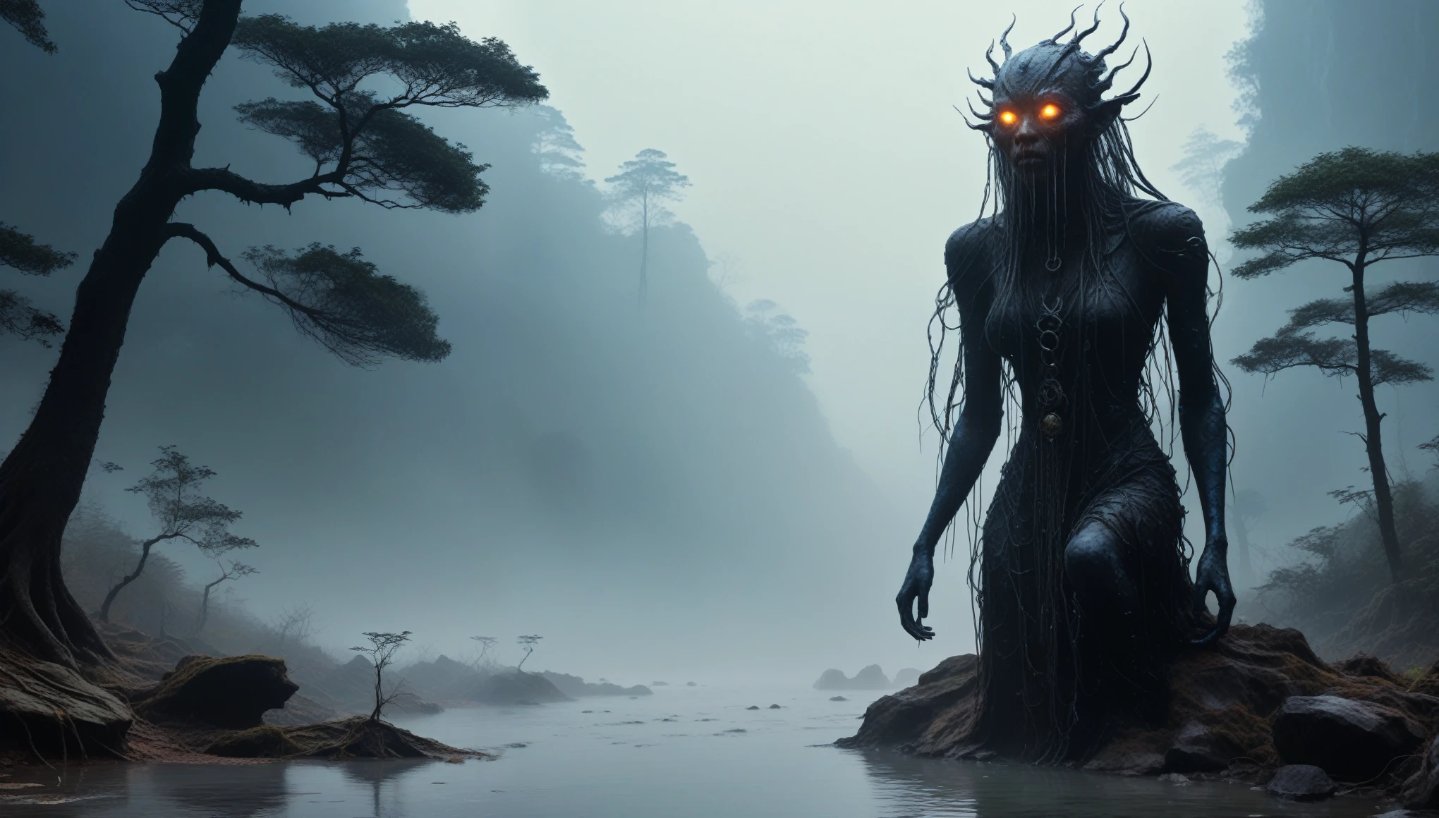 creates horrifying beings, of many colors and with bleeding pigmentation, which takes place in a river next to a forest with dense Sphalerite fog, all in 4k definition,full body length,opal girl,ogre ,pretty face,eyebrow up,full body shot,ominous Cleavelandite landscape,niobium gray atmosphere,by art Simon Stalenhag,Nicola Samori,(((Wangechi Mutu))),prime colors,urban,extremely detailed,masterpiece,intricate details,faded,eyes extremely detailed, high detailed eyes,4k resolution,RAW, Nikon Z9,scary village,hunter,goblin,Stone Forest in Yunnan Province of China,Zhangjiajie National Forest Park of China,Generate an image of a close up a creature with a spectral and ghostly appearance. Her skin is pale, almost translucent. His eyes shine with a bluish glow, and he wears dark, torn clothes that float around him, as if permeated by an aura of mourning. Its appearance is complemented by details such as chains, symbols of mourning, and gothic elements, further emphasizing its dark air. It is portrayed as a haunted and tormented entity.